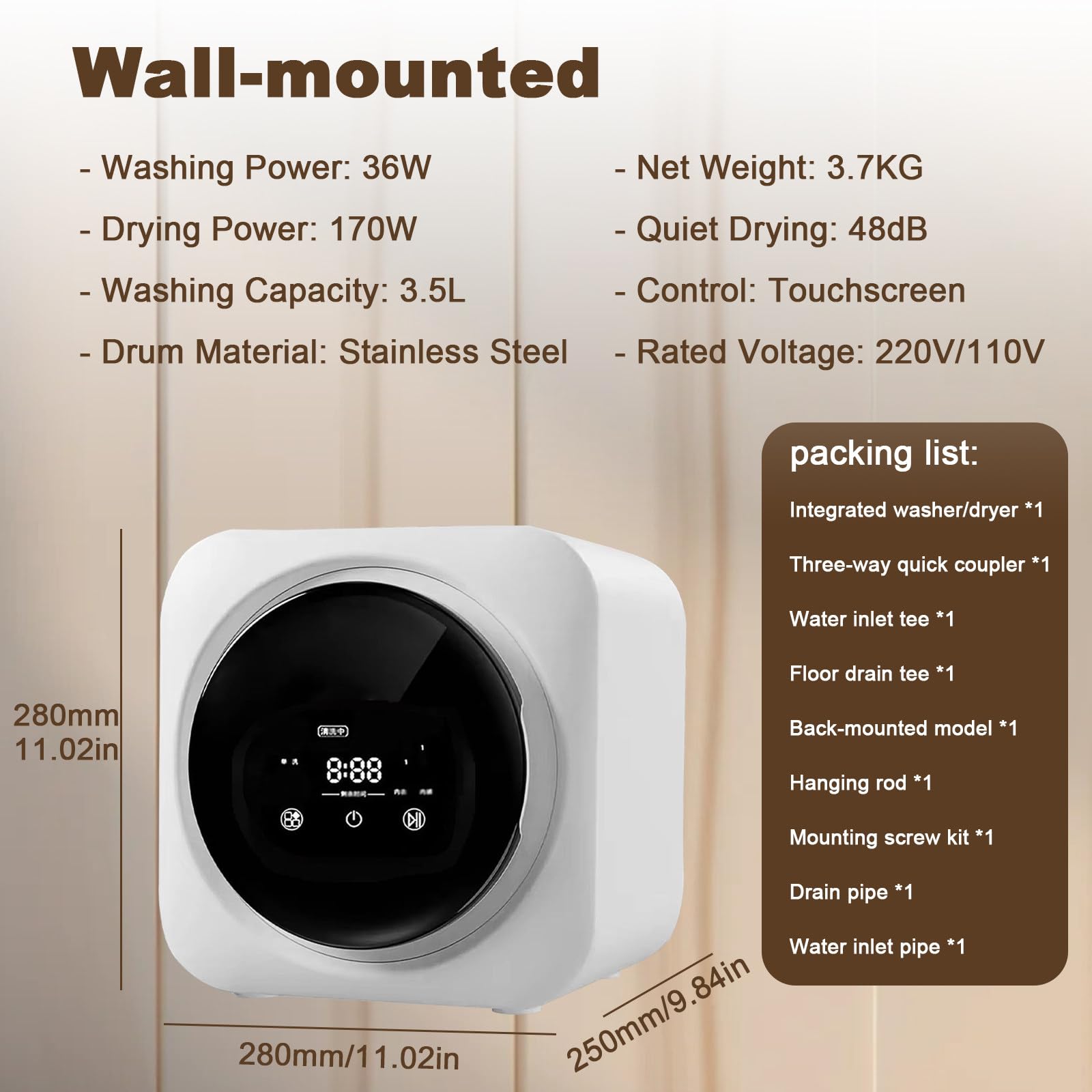 SHAHRYAR Smart-Wasch- Und Trockenmaschine, 3,5 L, Touchscreen-Bedienung, Vier Programme: Waschen/Trocknen/Waschen/Trocknen/Reinigen – Für Wohnungen Und Wohnheime. Wall-Mounted