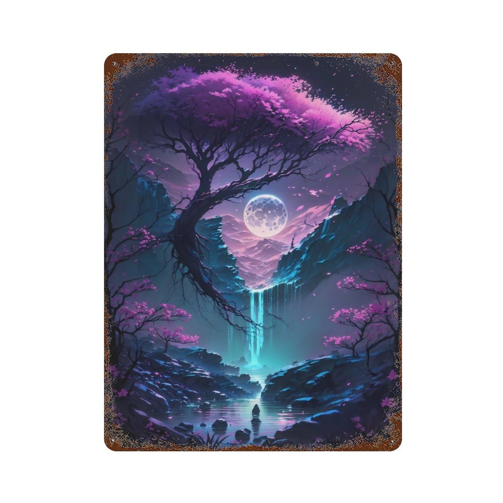Japan Cherry Blossom Night Weathered Tin Sign 15.7"x11.8", Novelty Wall Decor for Garage, Pub Or Kitchen