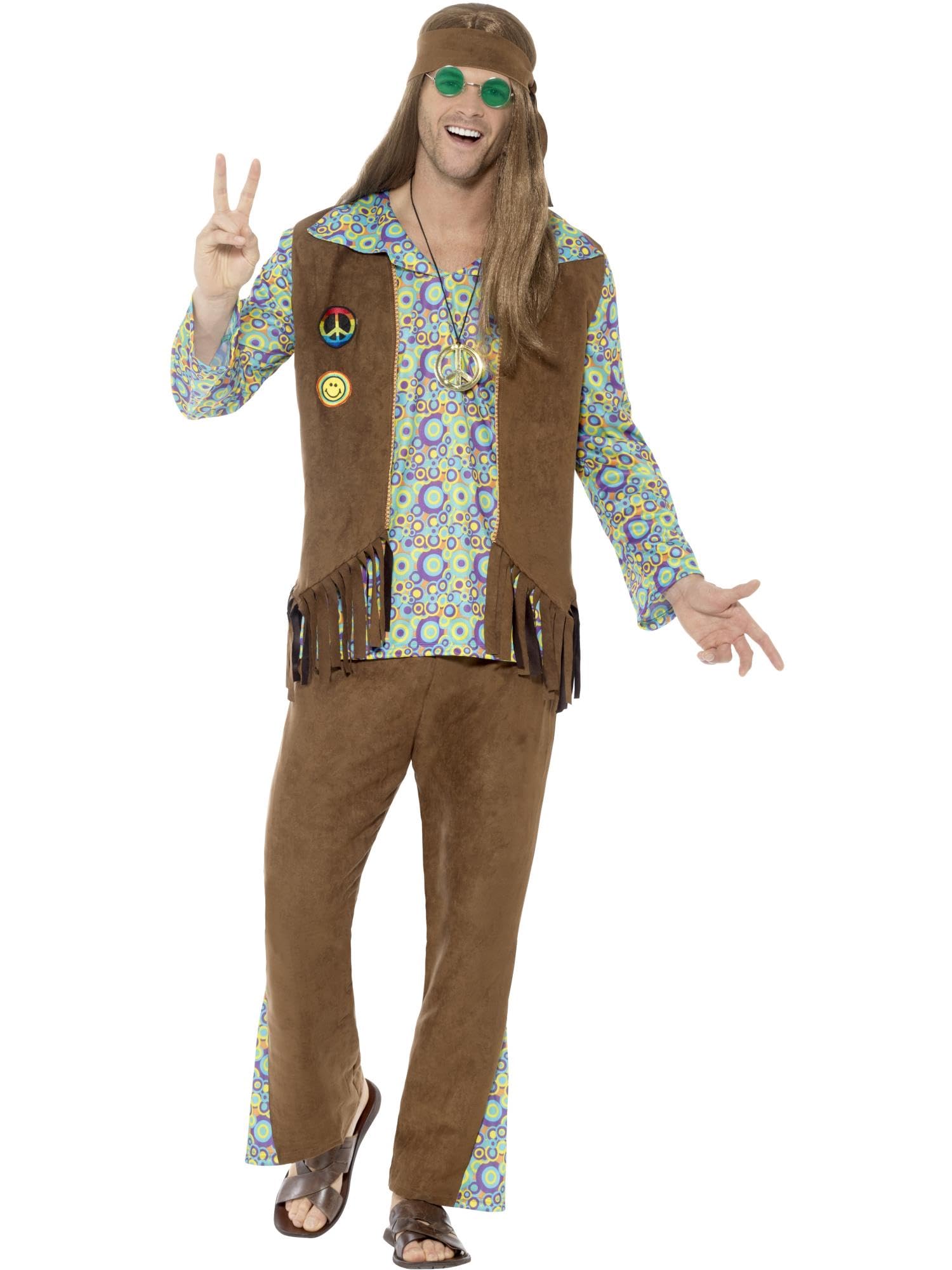 Smiffy's Men's 60'S Hippie - Adult Costume Trousers, Top, Waistcoat, Medallion, - Hippie Mens Fancy Dress Costume Hippy 60S Outfit Adults 70S Womens