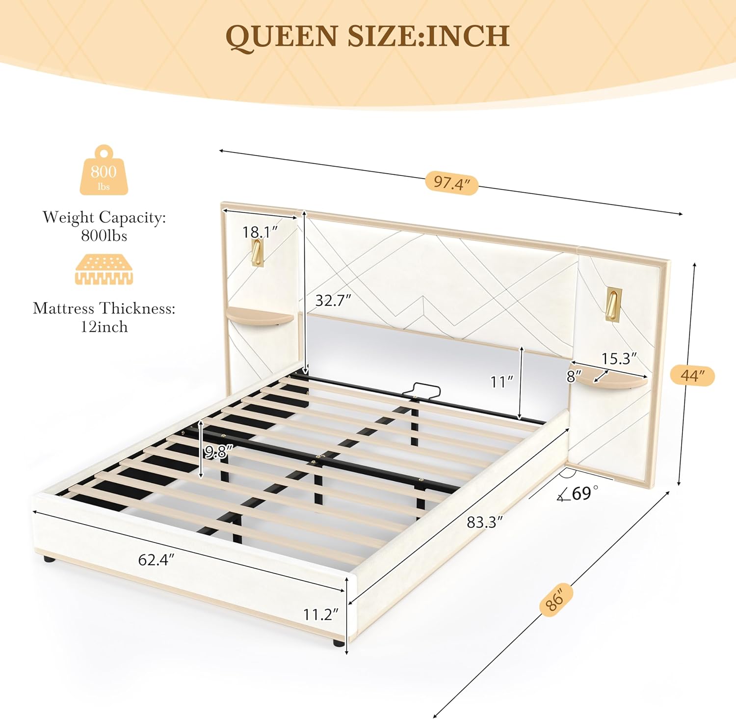 Merax Queen Bed Frame with Wingback Headboard, Luxury Velvet Upholstered Platform Bed Frame King Size with 2 Built-in Led Lights and 2 Floating Storage Shelves for Bedroom, No Box Spring Needed, Beige