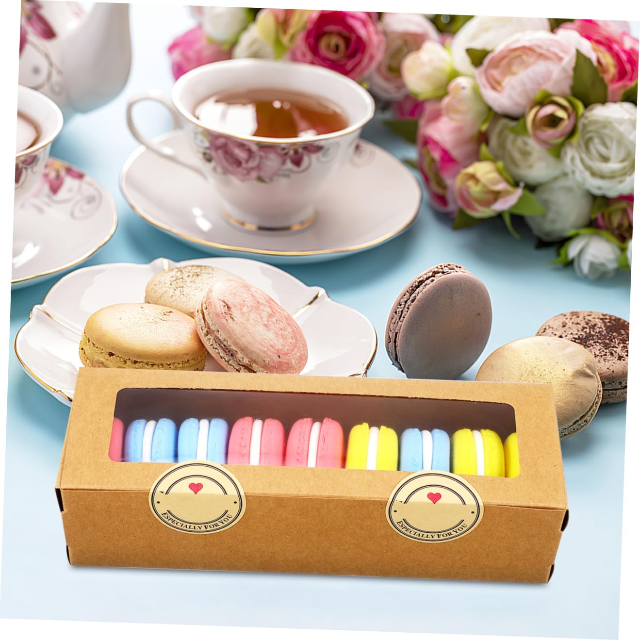 MAGICLULU 50 Stück Macaron Schachtel aus Kraftkarton mit Sichtfenster und Aufklebern für Backzubehör Kekse und Süßigkeiten im Laden