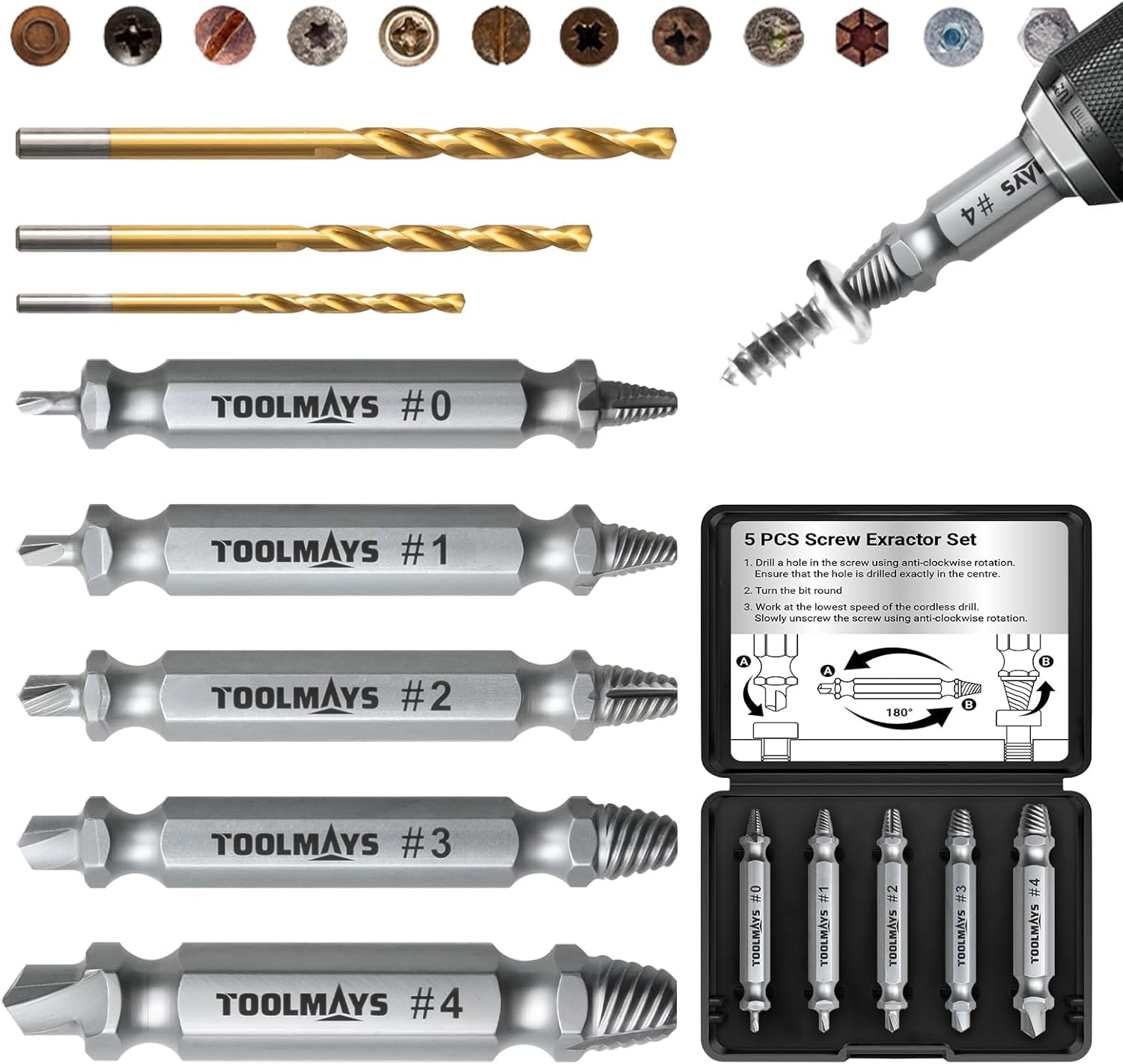 8pcs Damaged Screw Extractor Set, 5 Pcs Hss 4241 Screw Removal Tool With 3 Twist Drill Bit For Stripped, Rusted And Stubborn Screws