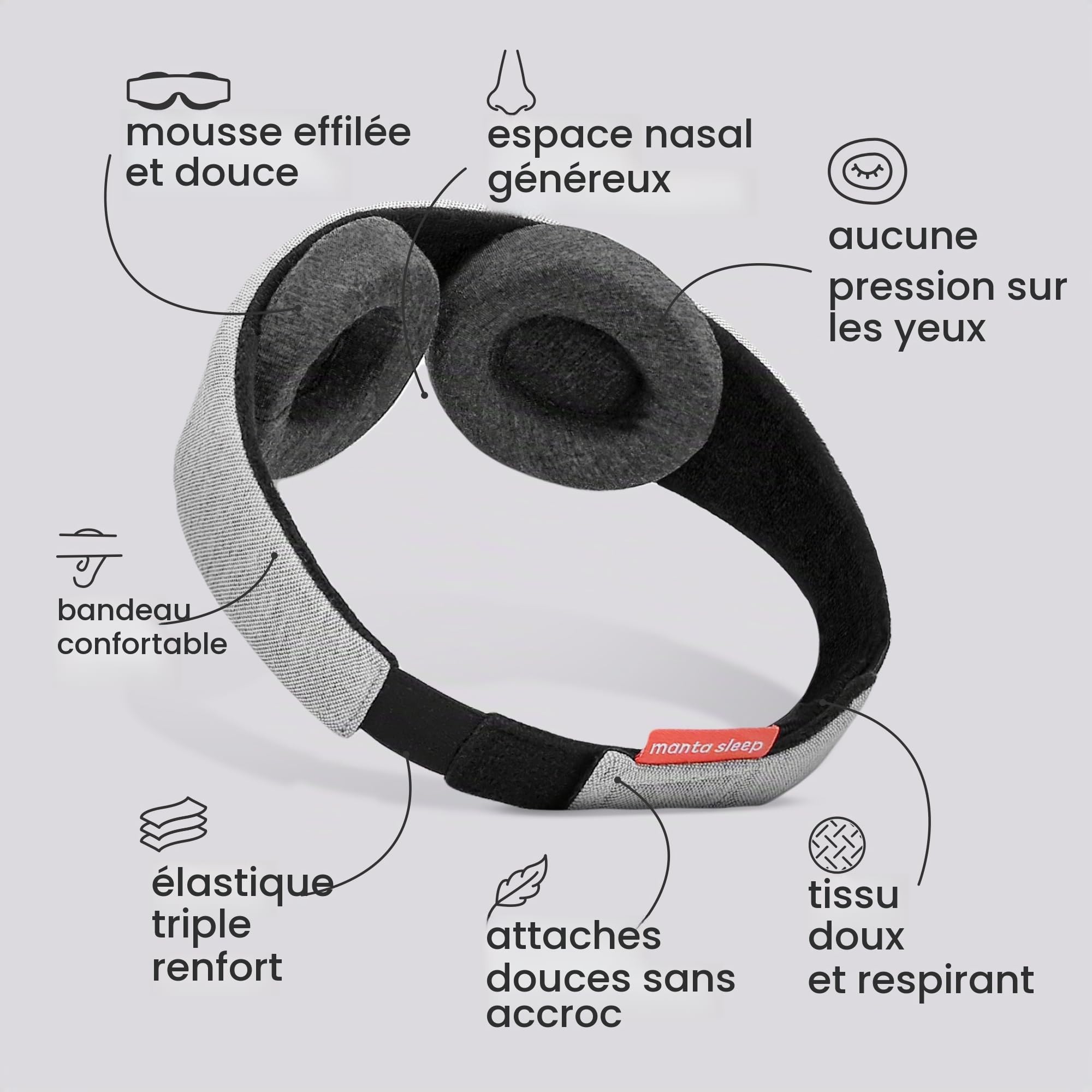 Masque de Sommeil Manta Sleep - Masque pour les Yeux 100% Blackout - Aucune Pression Oculaire - Coupe Ajustable pour les Yeux - Masque de Sommeil pour les Dormeurs Légers et les Voyageurs