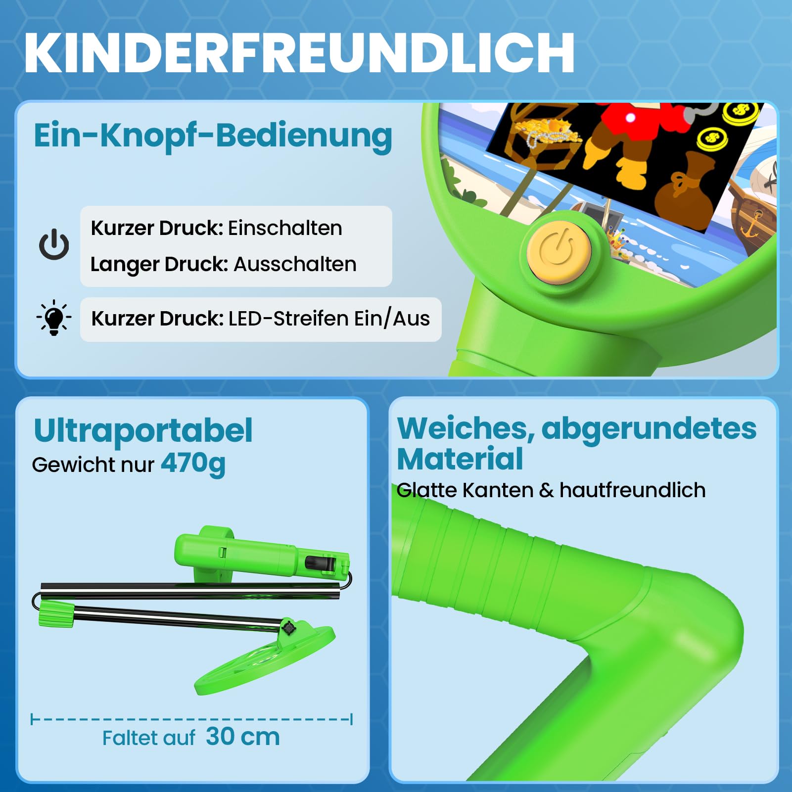 DR.ÖTEK Metalldetektor Kinder, Farb-LCD & 6" Leuchtspule, Leicht & Einstellbar, Rutschfester Griff, Kinder Metalldetektor Set für 3-12, Jungen & Mädchen, Grün