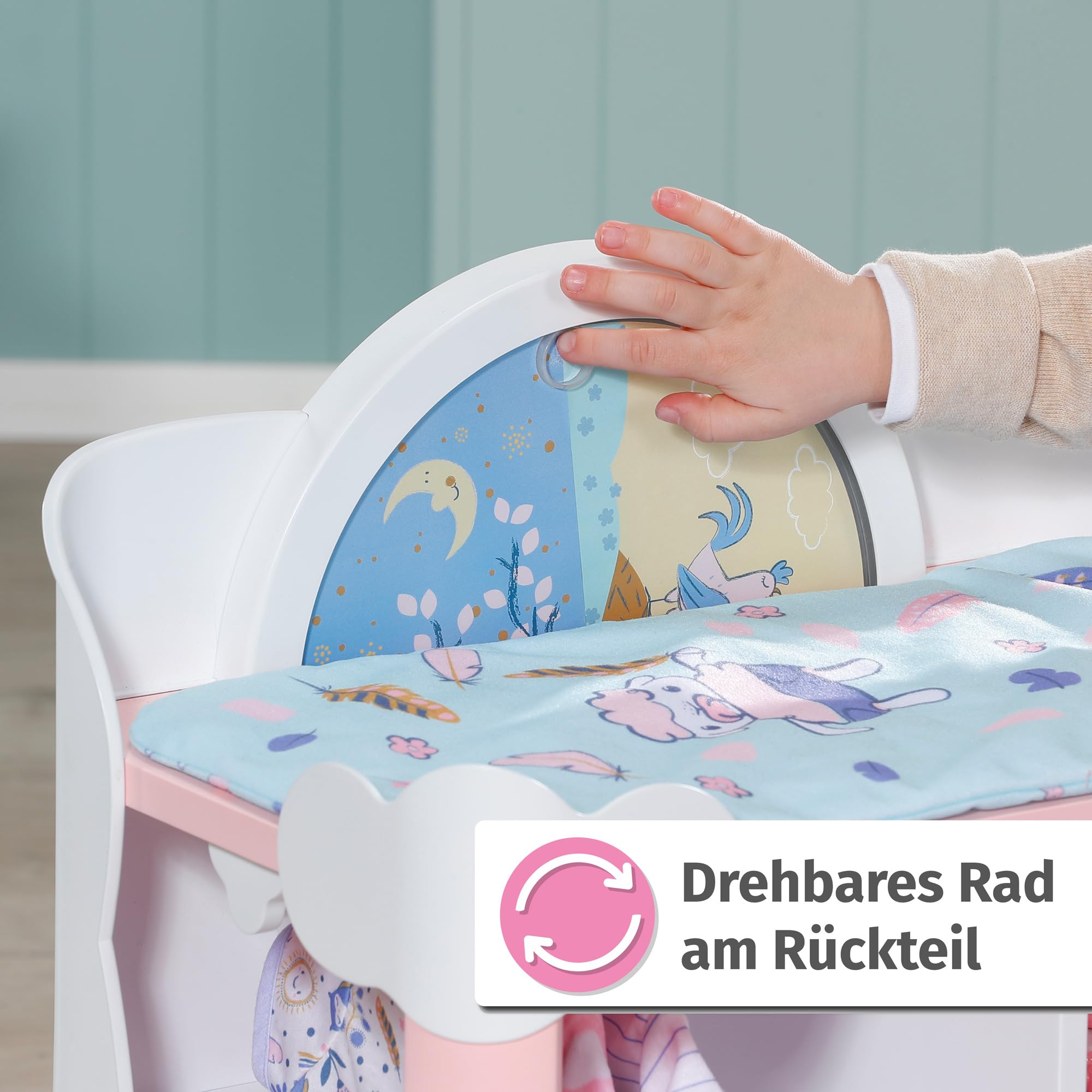 Zapf Creation Baby Annabell, Puppen Wickeltisch, Baby Annabell Day&Night Wickeltisch mit drehbaren Rad in Tag- und Nachtmodus, Licht- und Soundfunktionen, Wickelauflage und 3 Kleiderbügeln, 709672