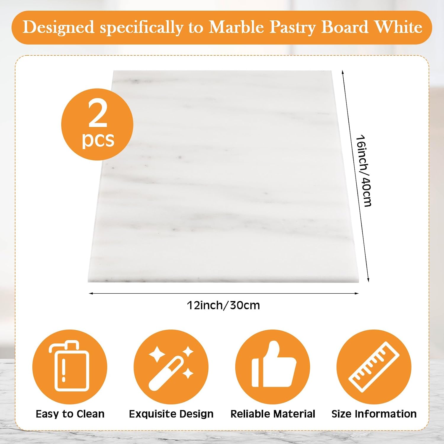 Suclain 2 Pcs 16 x 12 Inch Marble Pastry Board Large White Marble Serving Tray Rolling Pin Marble Cutting Board Stone Slab with Non Slip Rubber Feet for Kitchen Cheese Pastries Cake Bread Display