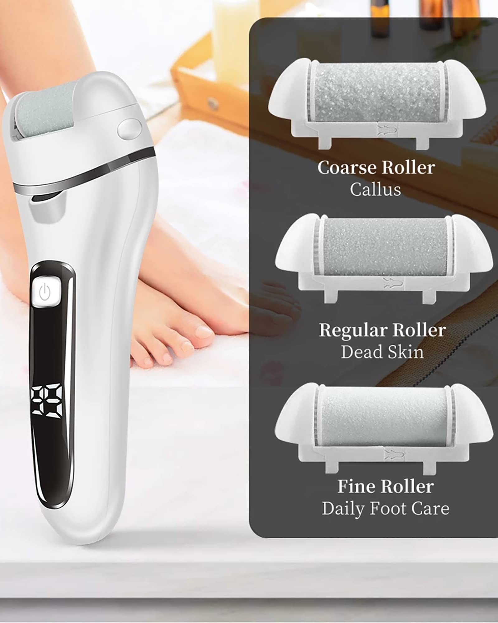 Lima eléctrica portátil para Quitar Callos de pies con 3 Rodillos y Herramientas de pedicura Profesionales de 2 velocidades para, Blanco (Blanco)