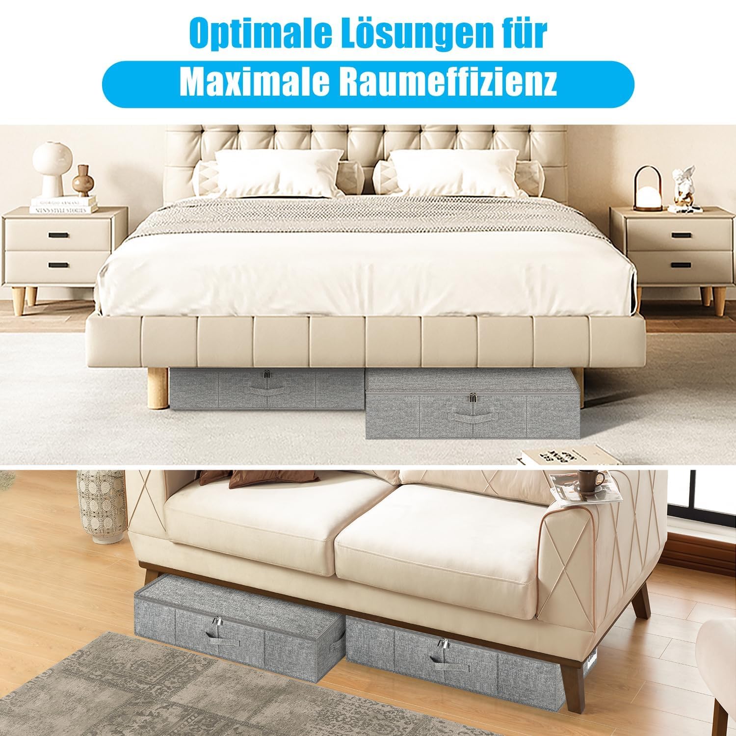 Kukikan Set di 2 contenitori sotto il letto – piatti a basso profilo pieghevole Underbed Clothes Storage Organizer W/Ultra Thick Fabric and Sturdy Bottom/Sides, Dual Zipper Storage Box for Dorm and