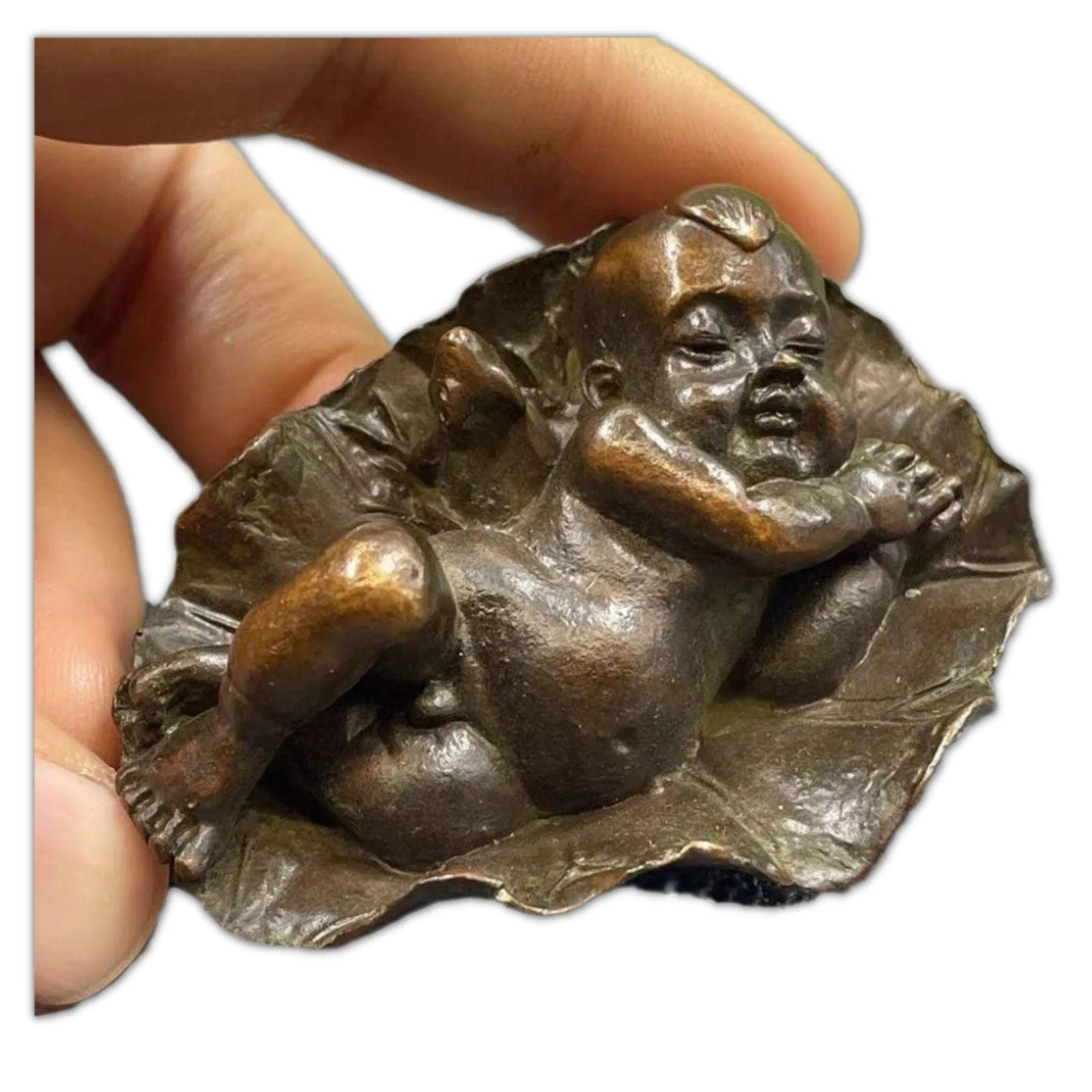 6.1cm Brass Lotus Leaf Lucky Doll Statue, Retro Tea Pet Antique Solid Fengshui Ornament Crafts