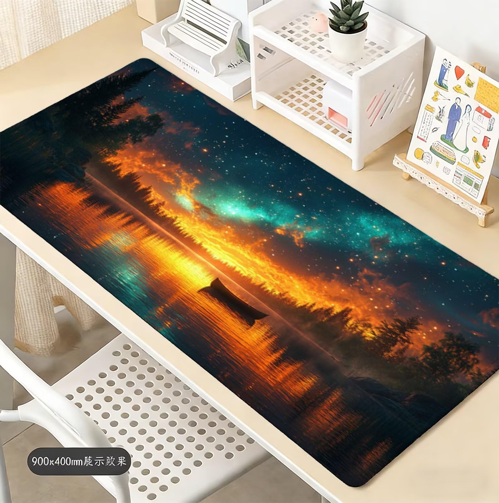Podkładka pod mysz do gier gwiaździste niebo Podkładka pod mysz XXL 1400 x 600 mm, podkładka pod mysz pod biurko podkładka pod mysz nad jeziorem z antypoślizgową gumową podstawą, wodoodporna szyta