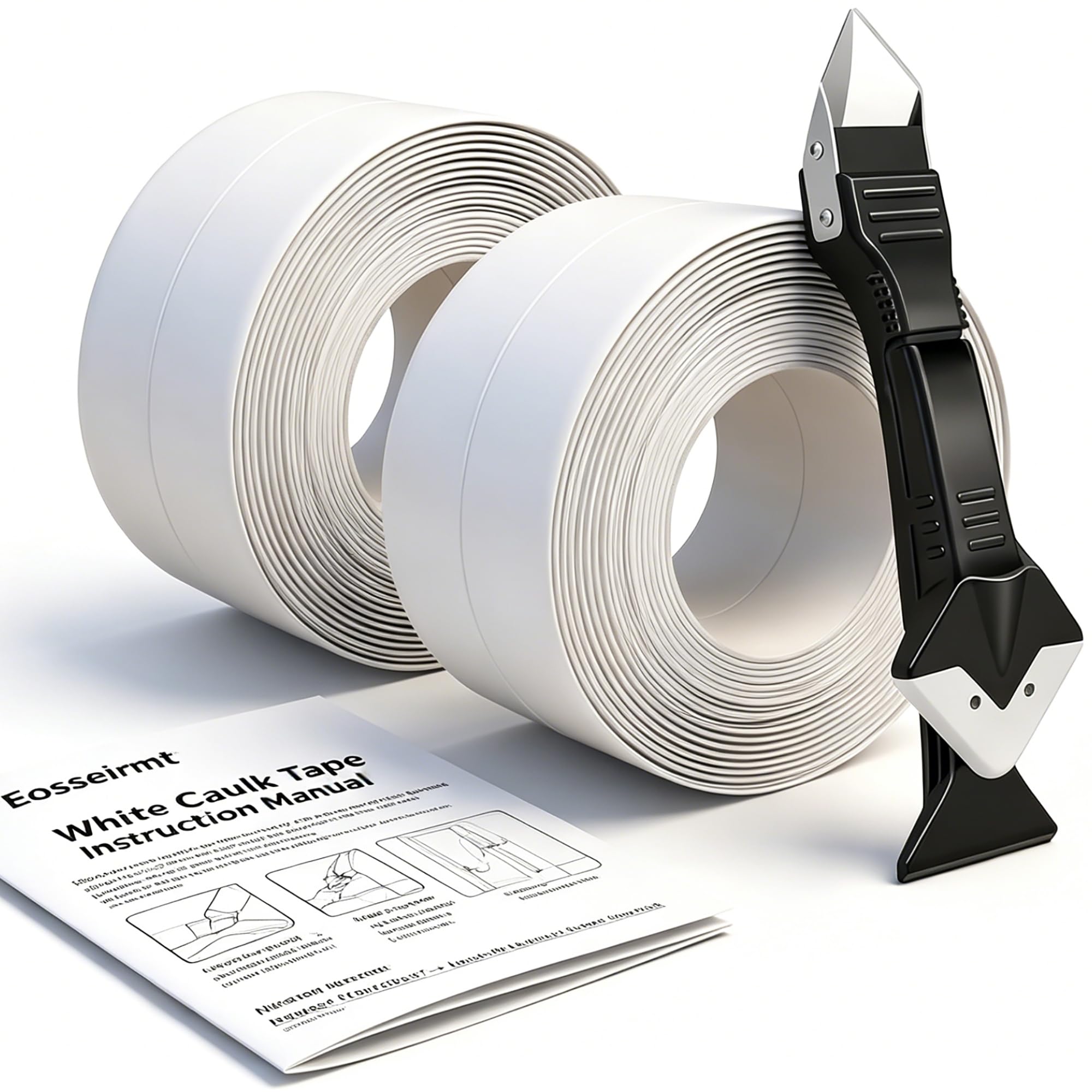 Photo 1 of Eosseirmt White Caulk Tape with 3-in-1 Tool (2 Pack, 21 FT Total) - 1.5" PVC Self Adhesive Waterproof Sealant Strip for Bathroom Tub, Kitchen Sink & Toilet Base, Premium Matte Finish