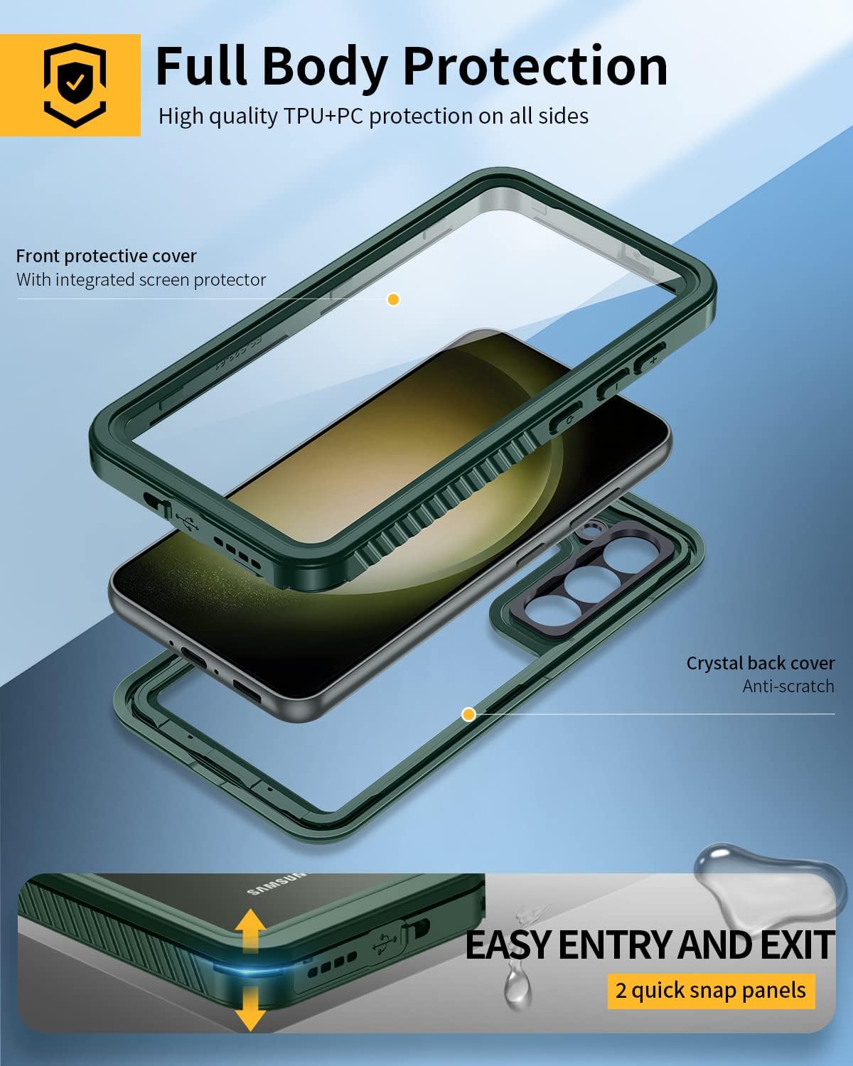 Lanhiem for Samsung Galaxy S23 Case (Not for S23 Plus), IP68 Waterproof Dustproof Case with Built-in Screen Protector, Heavy Duty Full Body Protective Cover for Galaxy S23 5G 6.1 Inch, Green/Clear