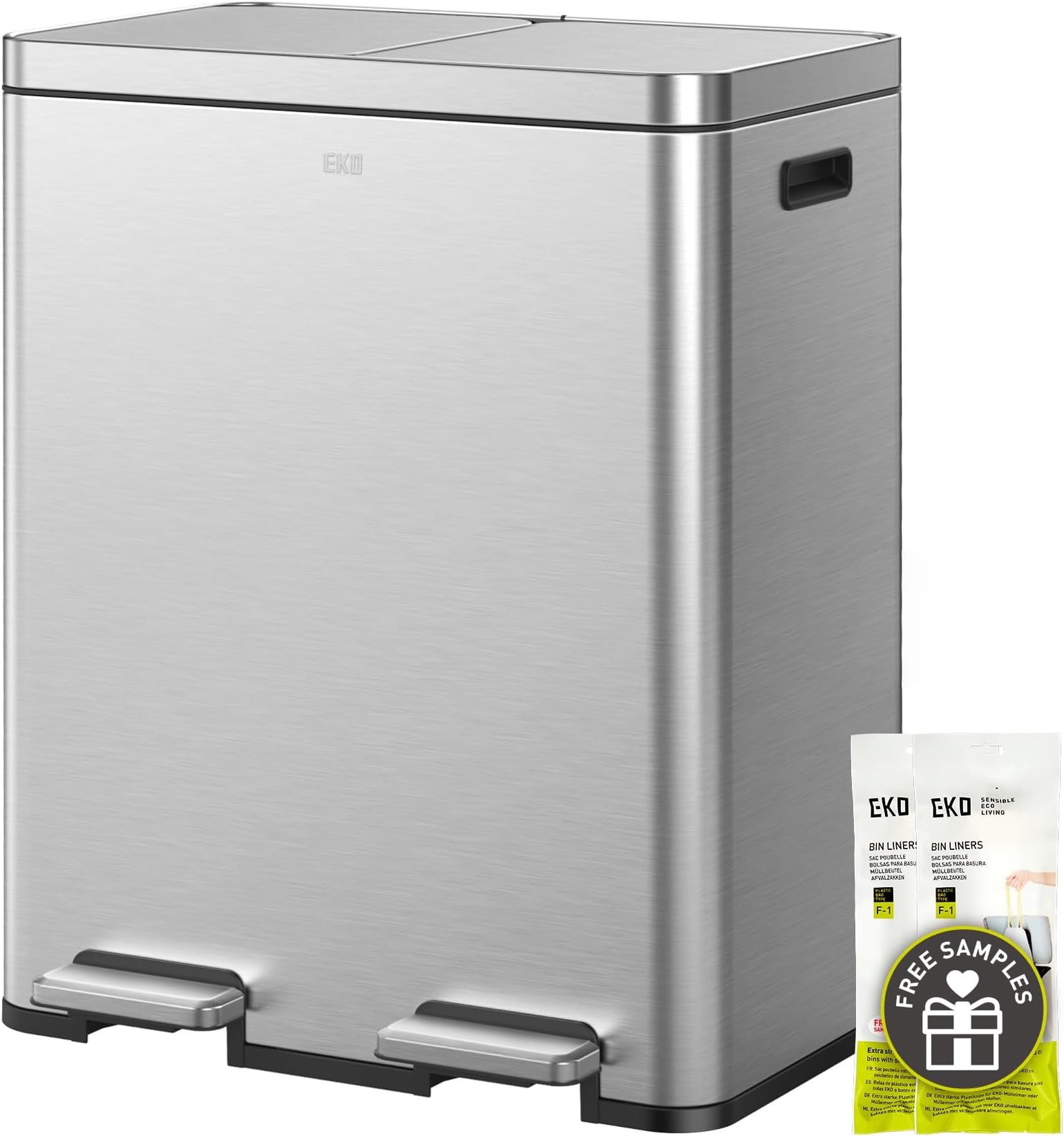 Edison Dual Trash Can for Recycling and Trash, 8+8 Gallons Kitchen Garbage Can with Dual Removable Inner Liners, Independent Lids and Pedals, Matte Stainless Steel