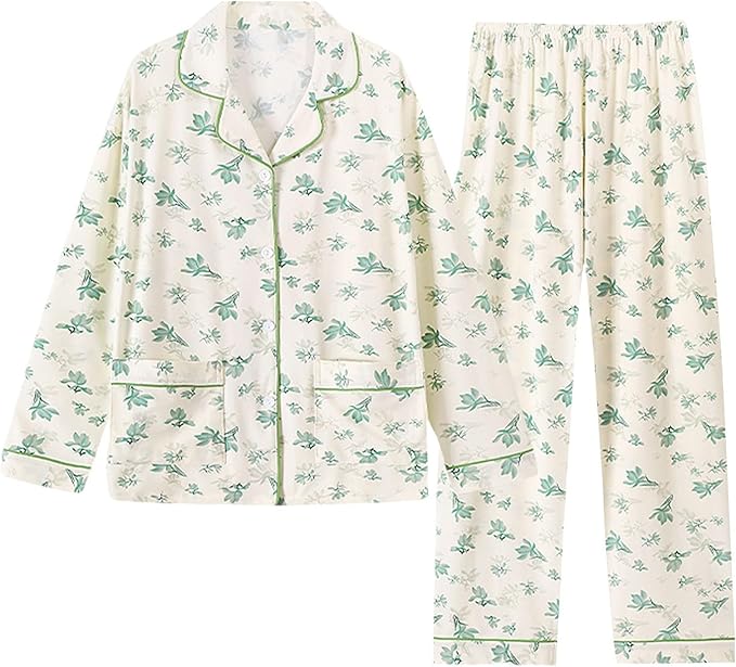 Damen Schlafanzug 2-teilig Mit V-Ausschnitt - 95% Rayon, Langarm Mit Knopfleiste