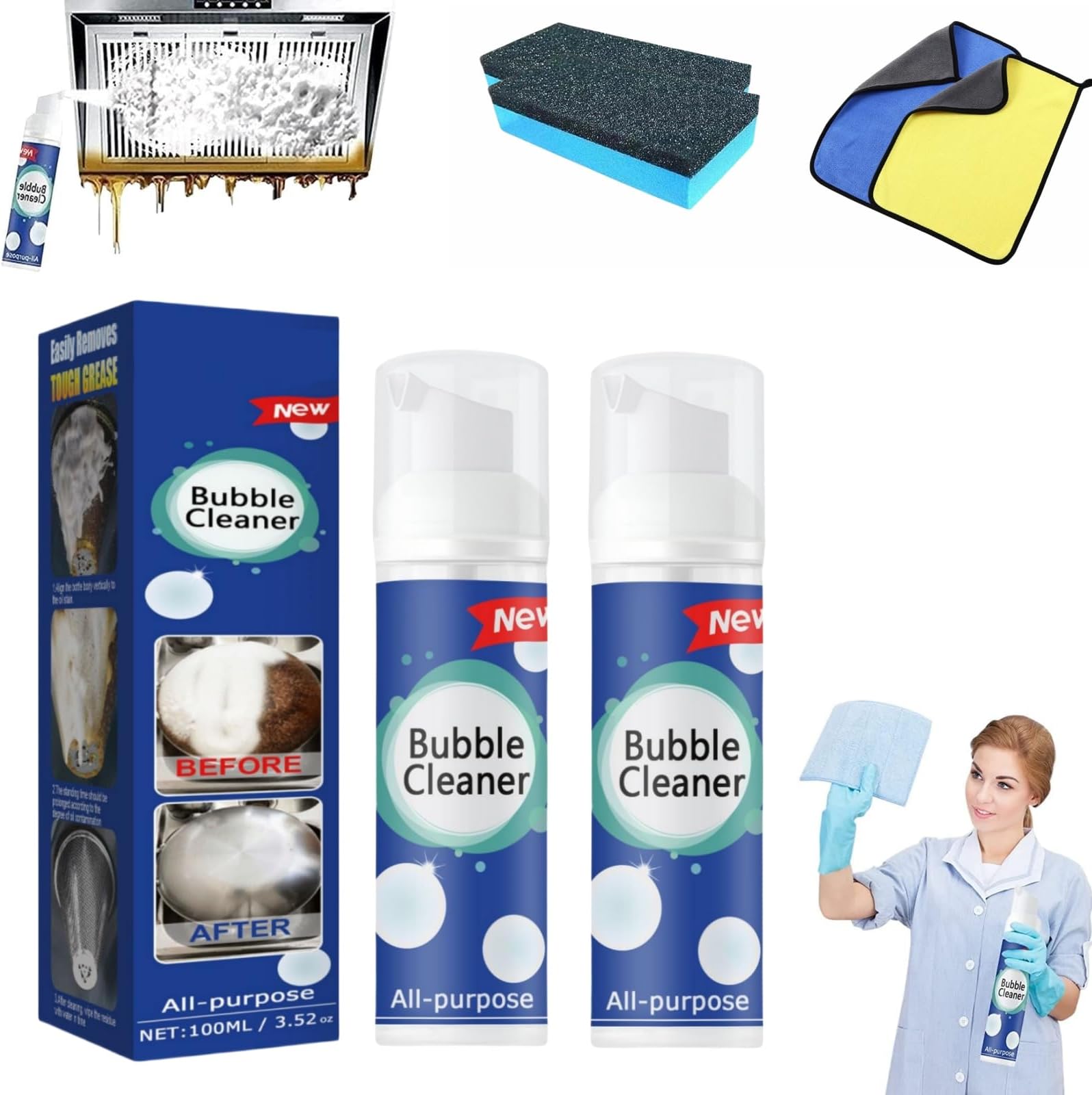 Bubble Cleaner, Bubble Power Cleaner, Bubble Cleaner Foam Spray, All Purpose Rinse Cleaning Foam, Powerful Stain Removing Foam Cleaner, All Purpose Powerful Stain Removal Kit (100ml * 2)