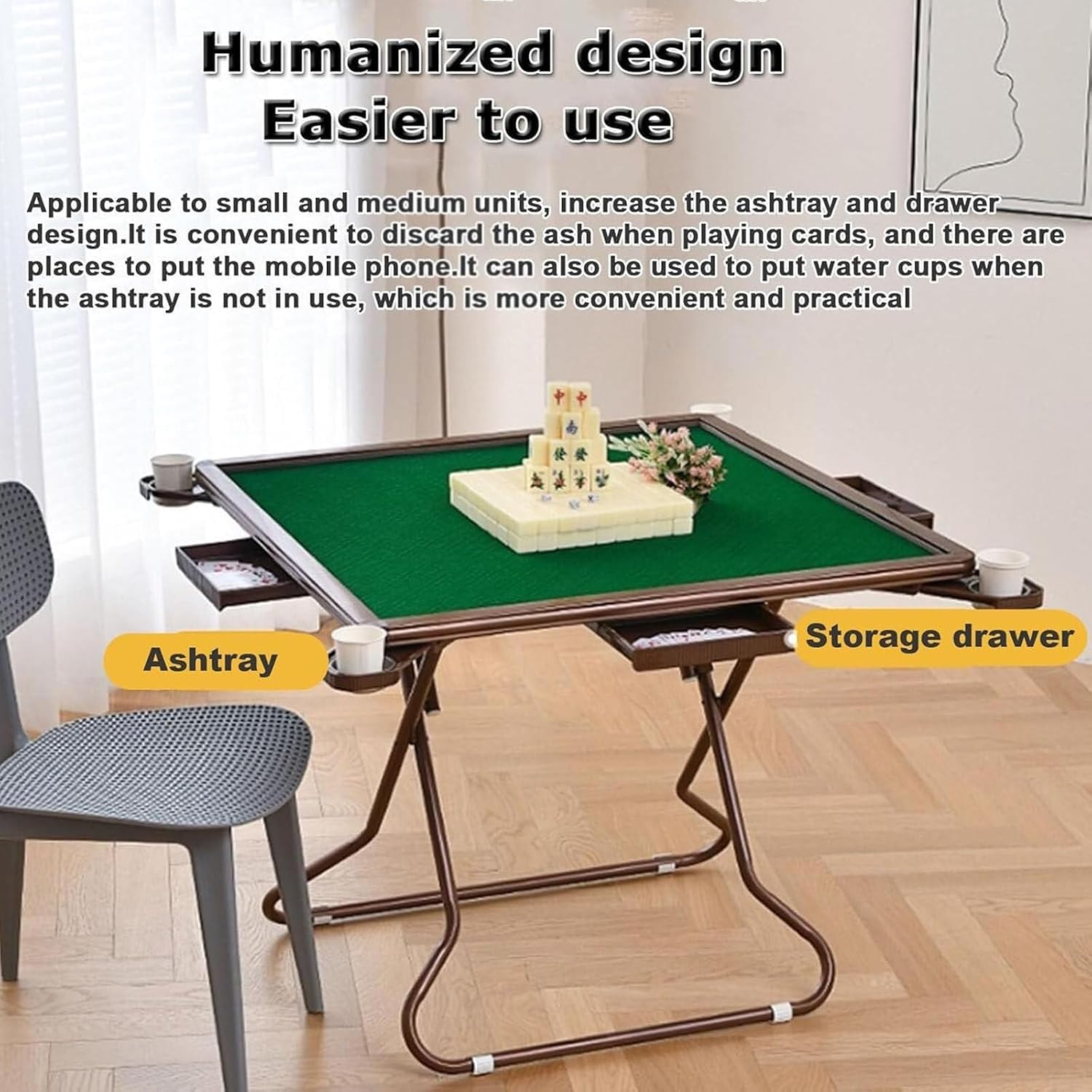 34" Folding Square Card Mahjong Table, 4 Player Game Table with Cup Holders & Chip Grooves, White, Indoor/Outdoor Use