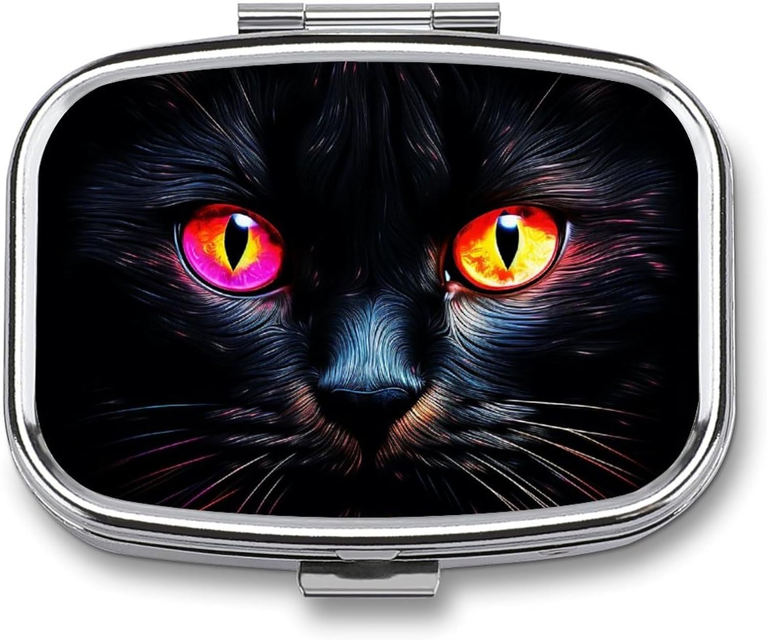 Black Cat Eyes Pill Box 2 Compartment Waterproof Pill Case with Mirror Portable for Purse Pocket Daily Medicine Vitamin Organizer Travel Med Container Holder for Fish Oil Supplements