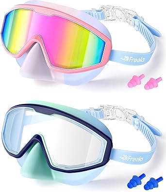 Freela 2 Pack Kids Swim Goggles for 3-12 with Nose Cover, 180 Wide View Anti-Fog UV Swimming Goggles for Toddler Boys Girls