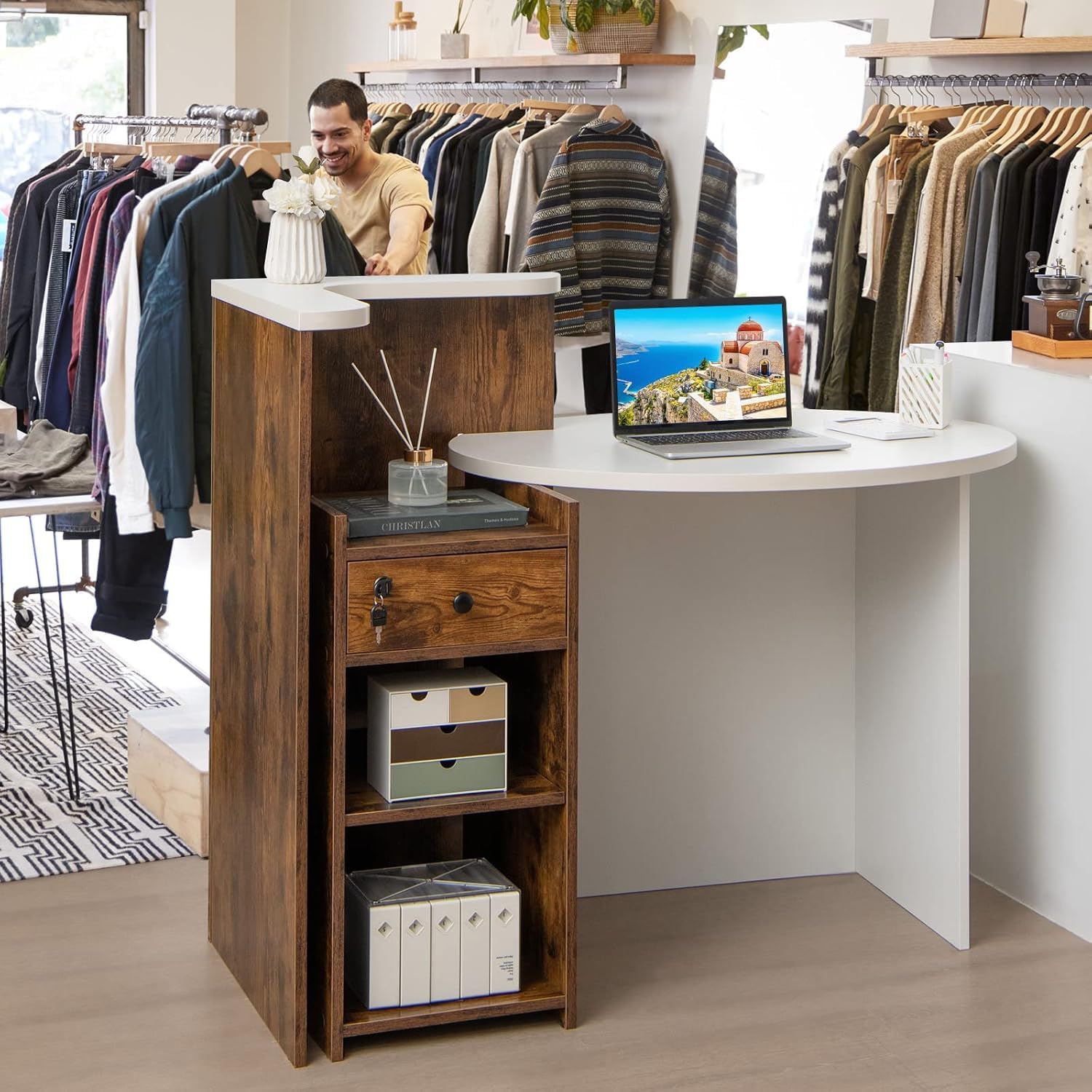 Reception Desk, Retail Checkout Counter w/Lockable Drawer & Open Shelves, Computer Workstation, Small Front Desk Reception Counter for Company Lobby Store Salon Office (White & Rustic Brown)