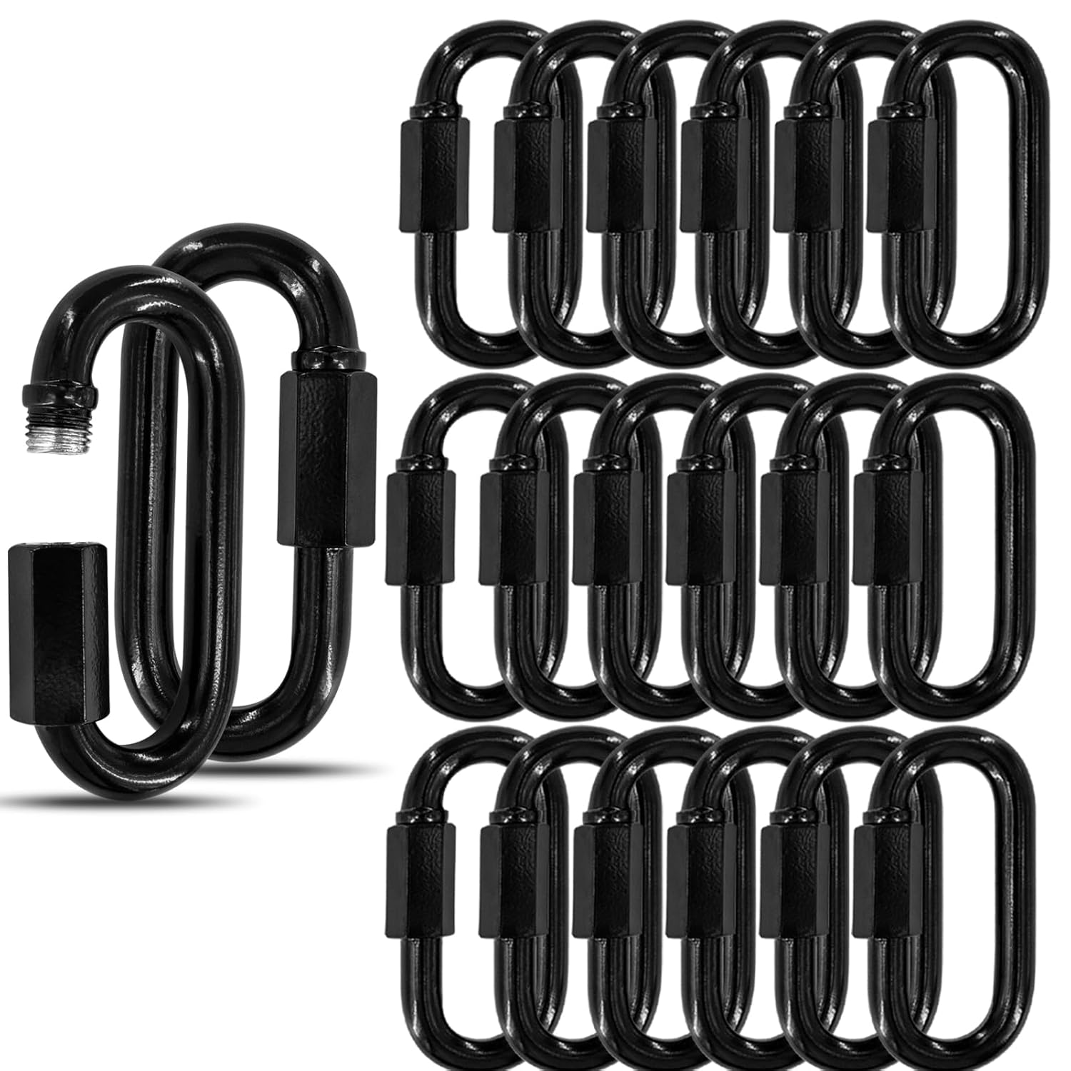 50PCS 3 Inches Black Chain Links, M8 Screw Galvanized Steel Heavy Duty Quick Links, 5/16" Locking Carabiners for Connecting Hammock, Key Chain, Pet Leash,Gym,Camping 1525 Lbs Capacity