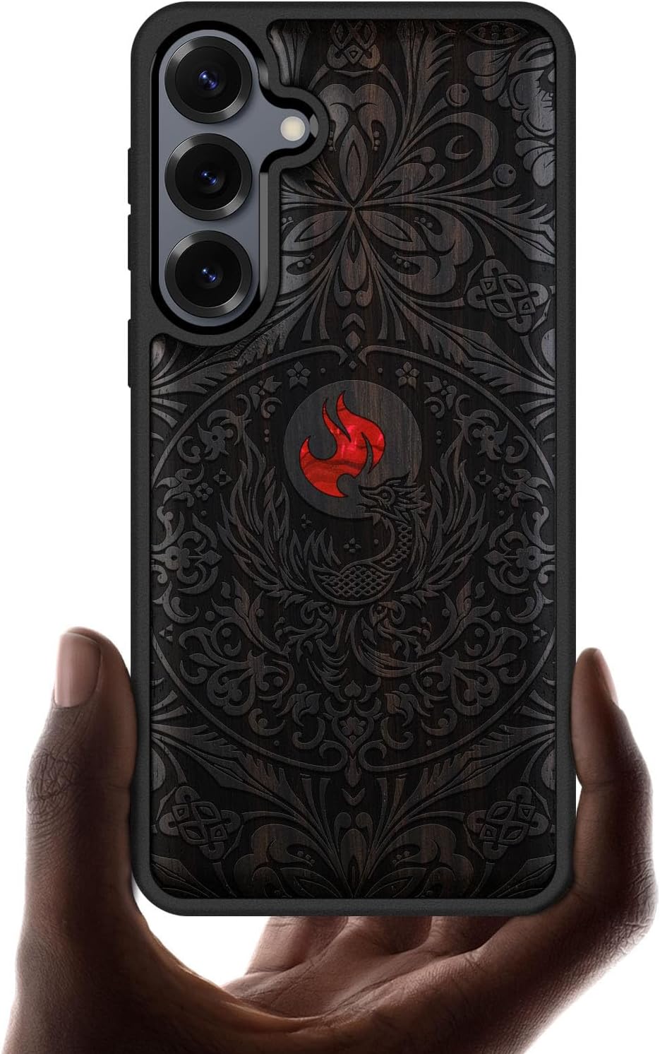 Carveit Magnetic Wooden Case for Galaxy S25+ / S25 Plus Case, Wood Artisan Engraved & Handmade Shell Inlaid, Compatible with MagSafe Wireless Chargers (Phoenix in Symmetry) Blackwood