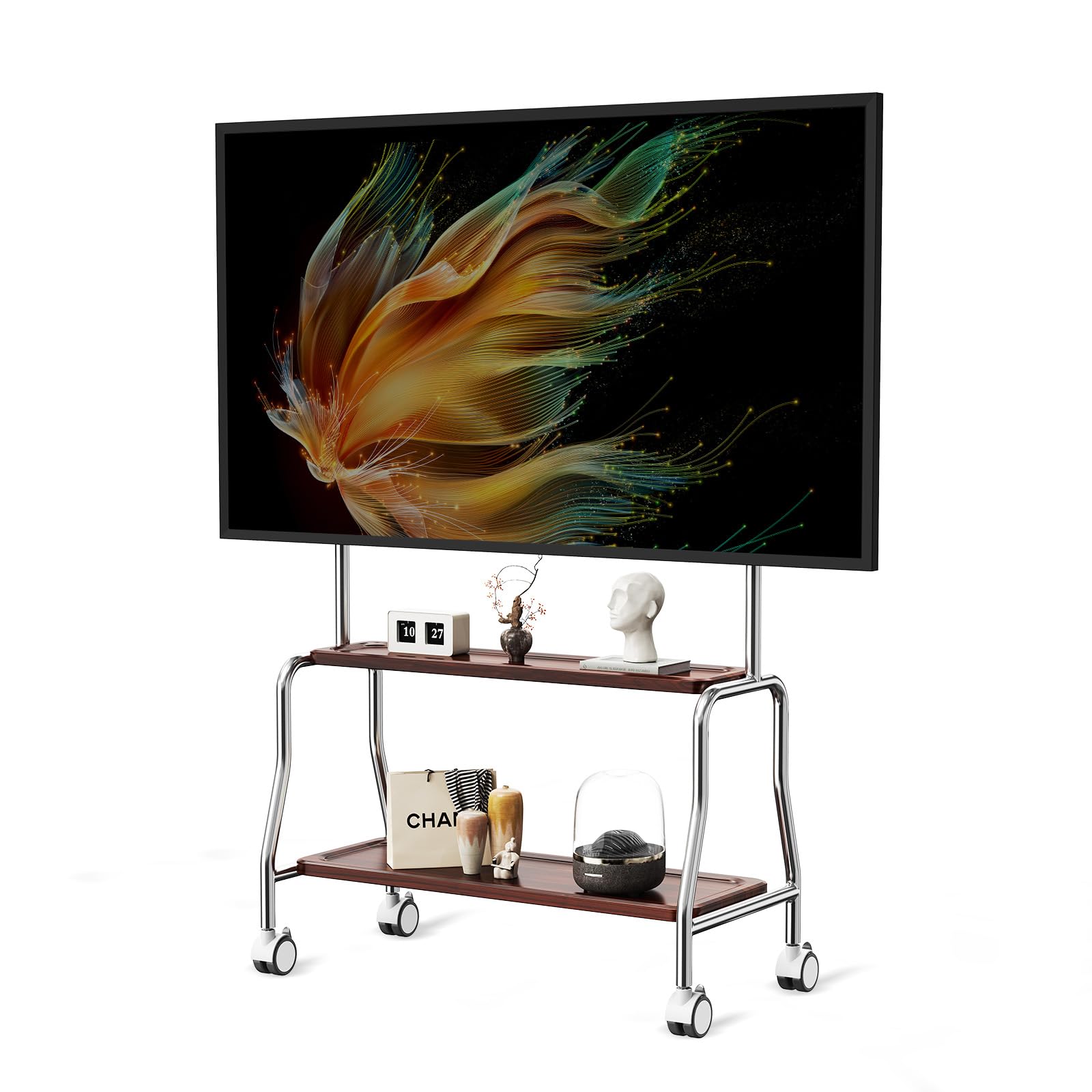 Easel Rolling TV Stand for 32-75" TVs, Stainless Steel TV Cart with Shelf