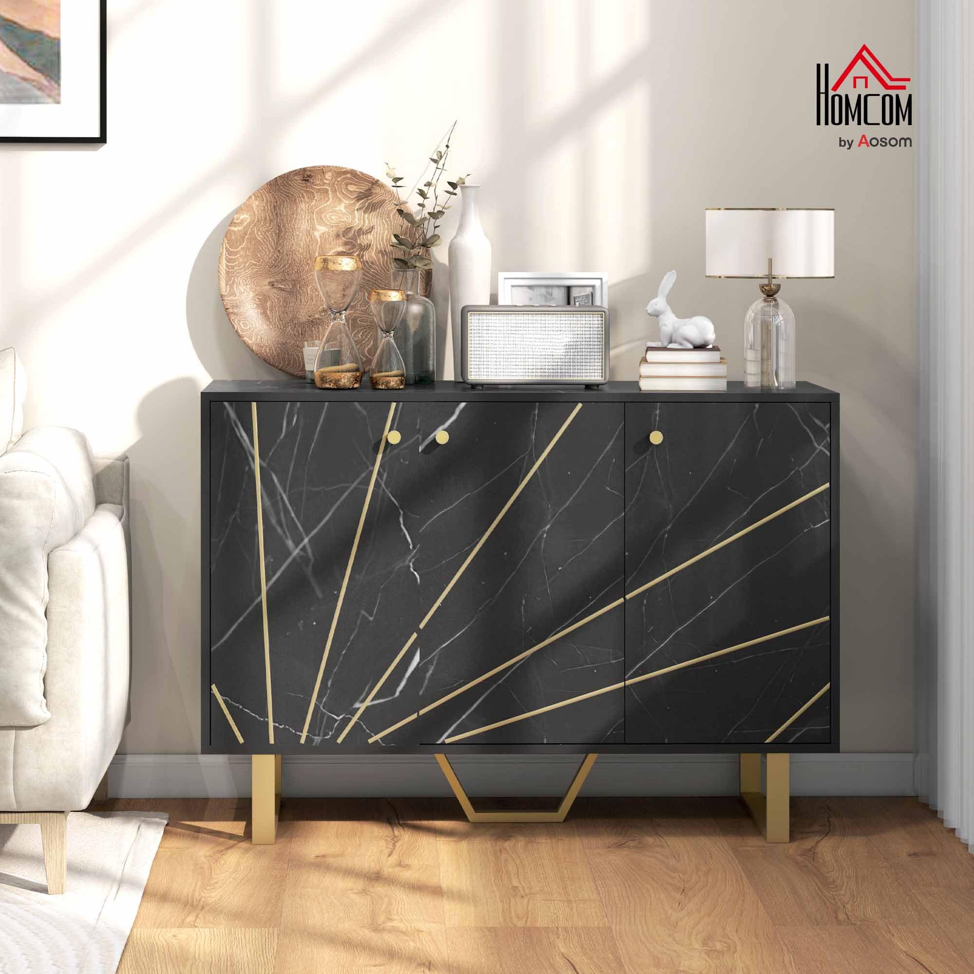 HOMCOM Aparador Moderno 2 Puertas Antivuelco 107x35x75 cm Negro y Dorado | Aparador de Salón, Estante Ajustable, Mueble Auxiliar para Salón, Efecto Mármol