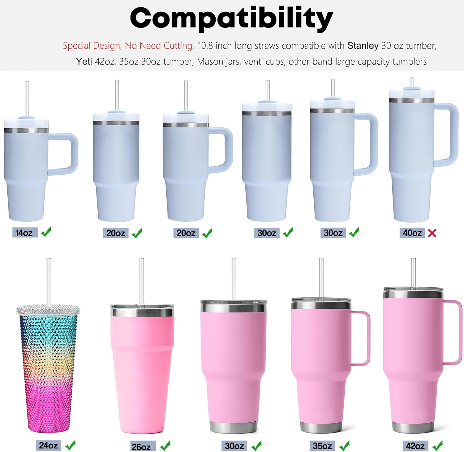 ALINK 10 Pack Reusable Clear Straws for Stanley 30 oz Tumbler, 10.8" Long Tritan Hard Plastic Straws for Yeti 42 oz 35 oz 30 oz Tumbler, Mason Jar, Starbucks - 5 Straight 5 Bent with Brush - Image 3