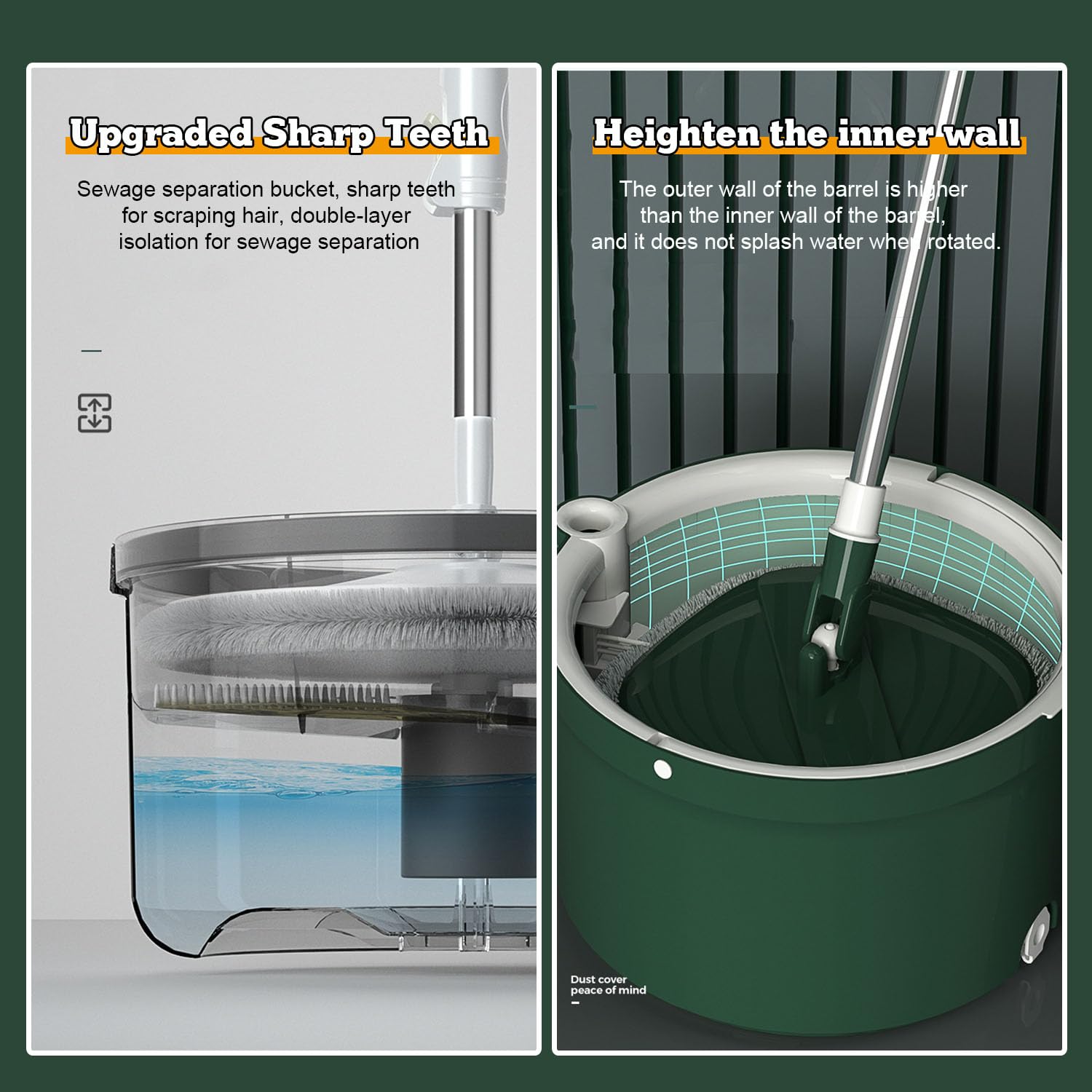 AVSMGP 130cm Mopa Fregona con Cubo Escurridor, 2 en 1 Separa la Suciedad del Agua Dulce, Mopa para Limpiar Azulejos y Paredes, Cubo Fregona Autoescurrible Escurrefacil, 2 Recambio Mopa Microfibra,4