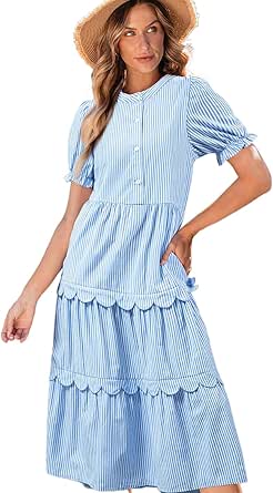 Sky Blue Stripe Bubble Short Sleeve Tiered Scallop Long Dress main image 0