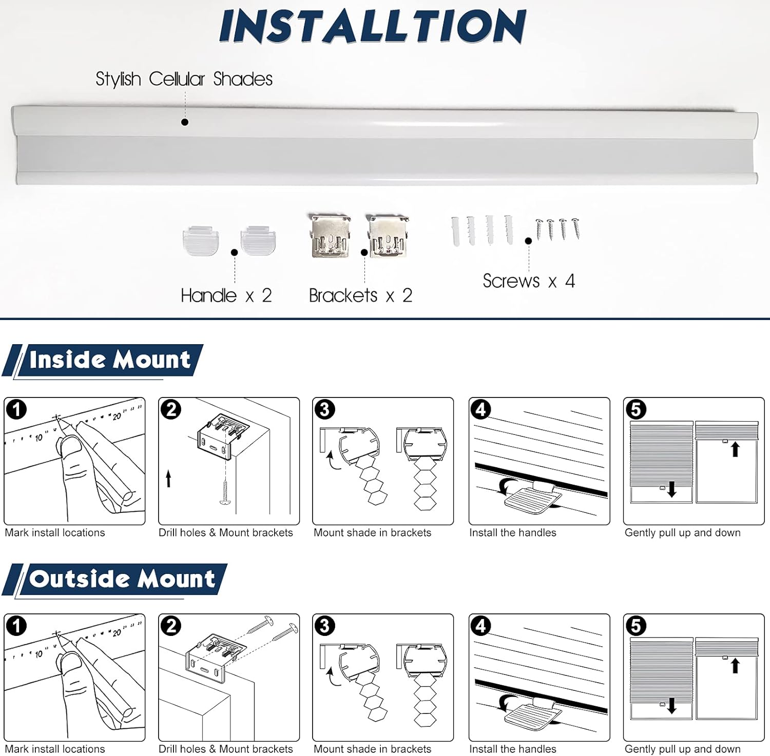 Cordless Cellular Shades Blackout Window Blinds Easy to Install Pull Down Shades Heat Insulation Honeycomb Blinds for Home (White,32" W X 64" H)