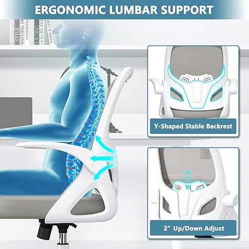 Miniatura 10 de Silla de escritorio para el hogar con respaldo apoyo lumbar, silla de oficina con doble cojín de malla transpirable con brazos abatibles, silla