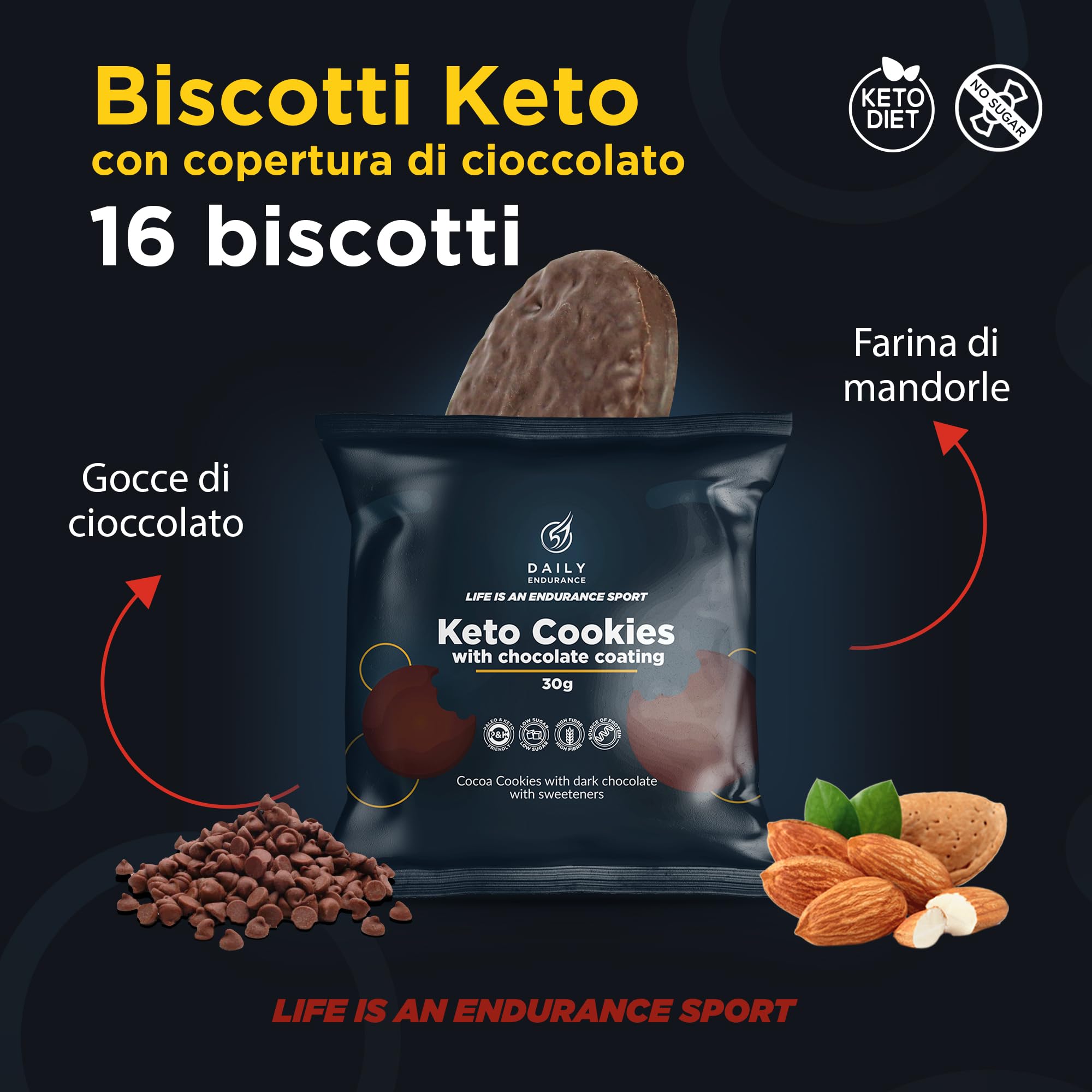 Keto Cookies Senza Zucchero - 16 Biscotti Keto - Rivestiti di Cioccolato - Snack Keto - Alimenti Ketogenici Low Carb & Paleo - 480g - Daily Endurance