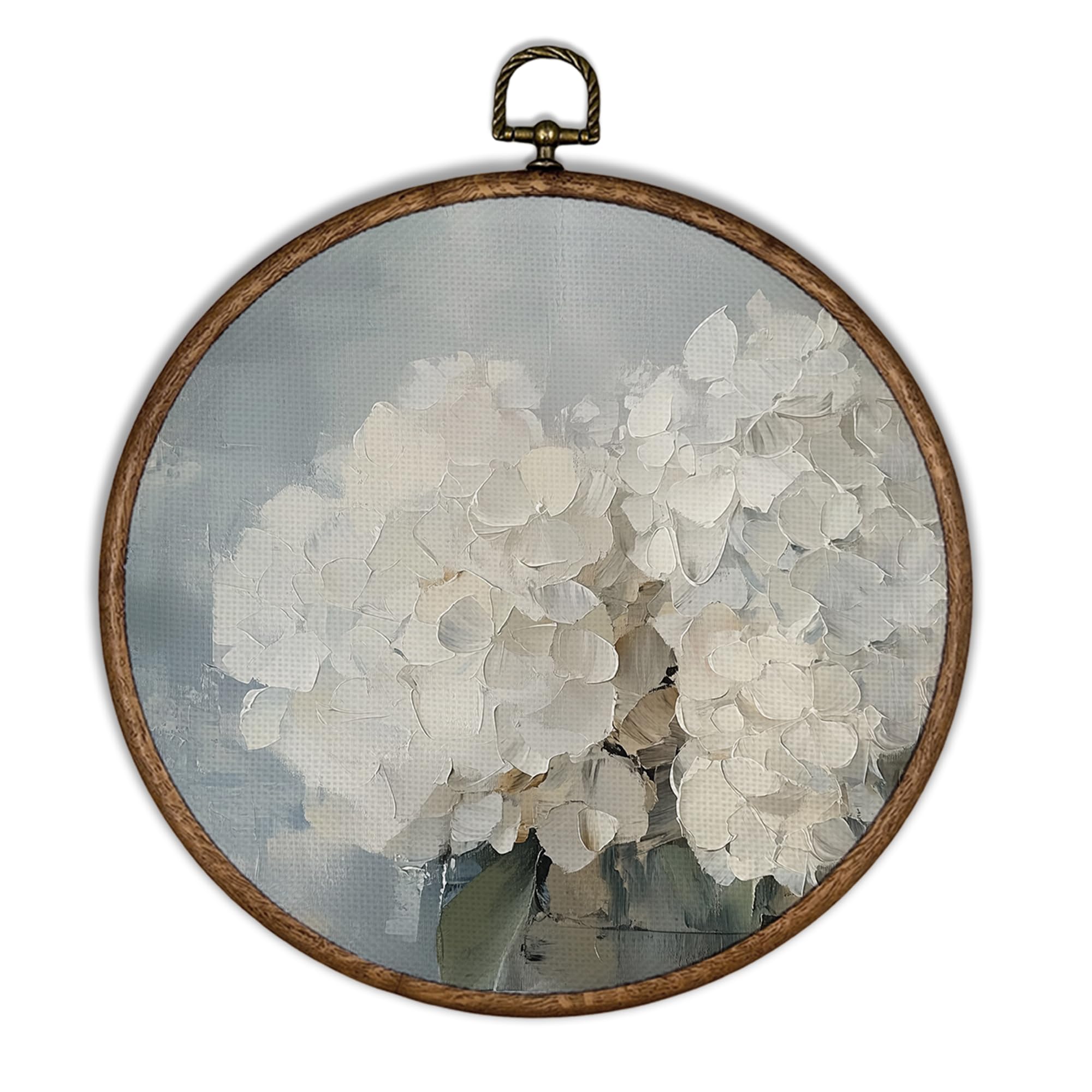 XBBMGG Vintage Hydrangea Wall Art Decor, Spring Grandma Aesthetic Round Wall Hanging Decor, Farmhouse Abstract Flower Circular Framed Canvas Prints