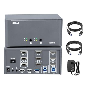 KVM Switch 3 Monitors 2 Computers, HDMI 4K@60Hz KVM Switch with USB3.0, 2 Computers Share One Set of Keyboard, Mouse and Monitors, Supports Windows/Mac/Linux