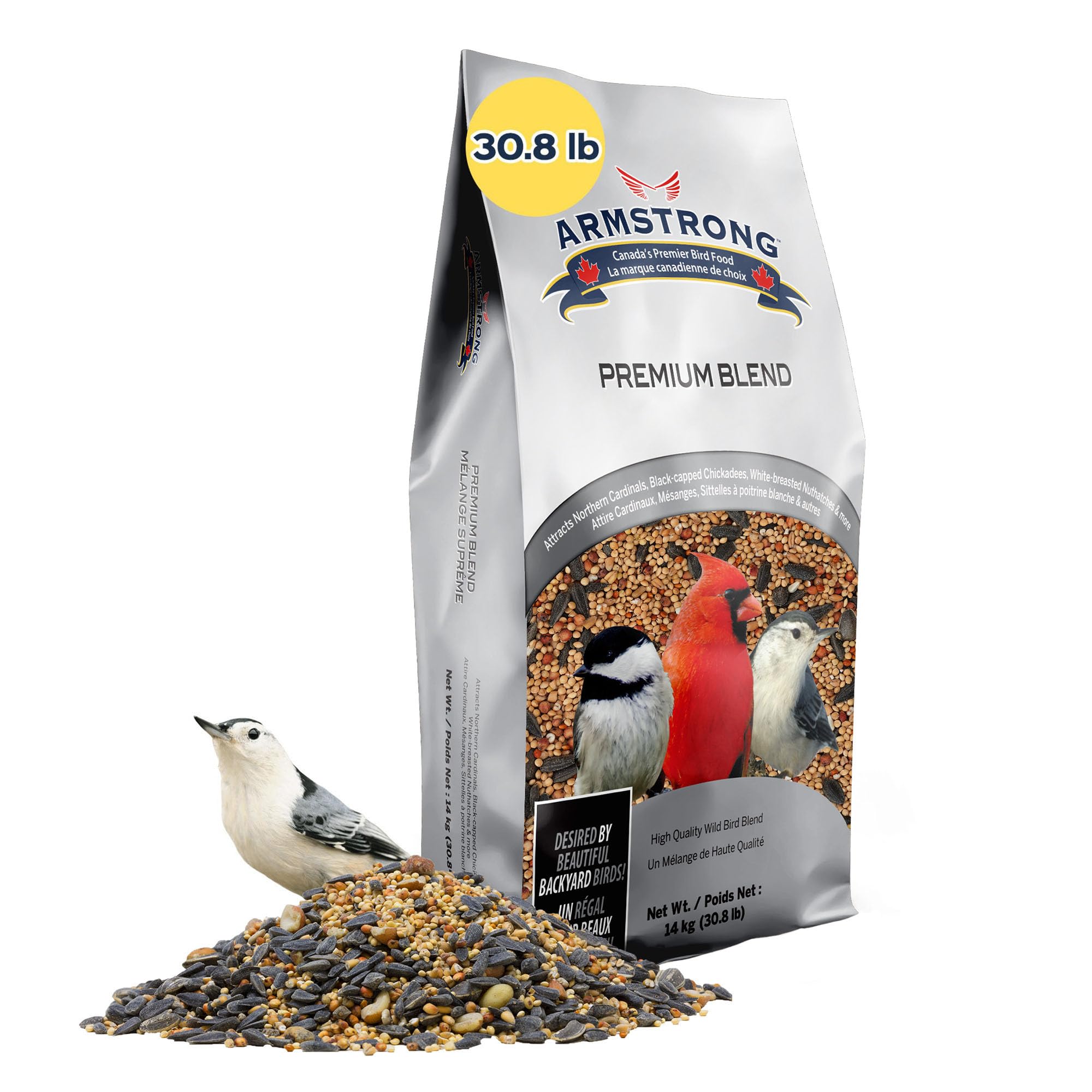 Armstrong Wild Bird Food Premium Blend, 30.8 Pounds - with White Millet, Black Oil Sunflower, Wheat, Peanuts, Striped Sunflower and Safflower for Northern Cardinals and Black-Capped Chickadees
