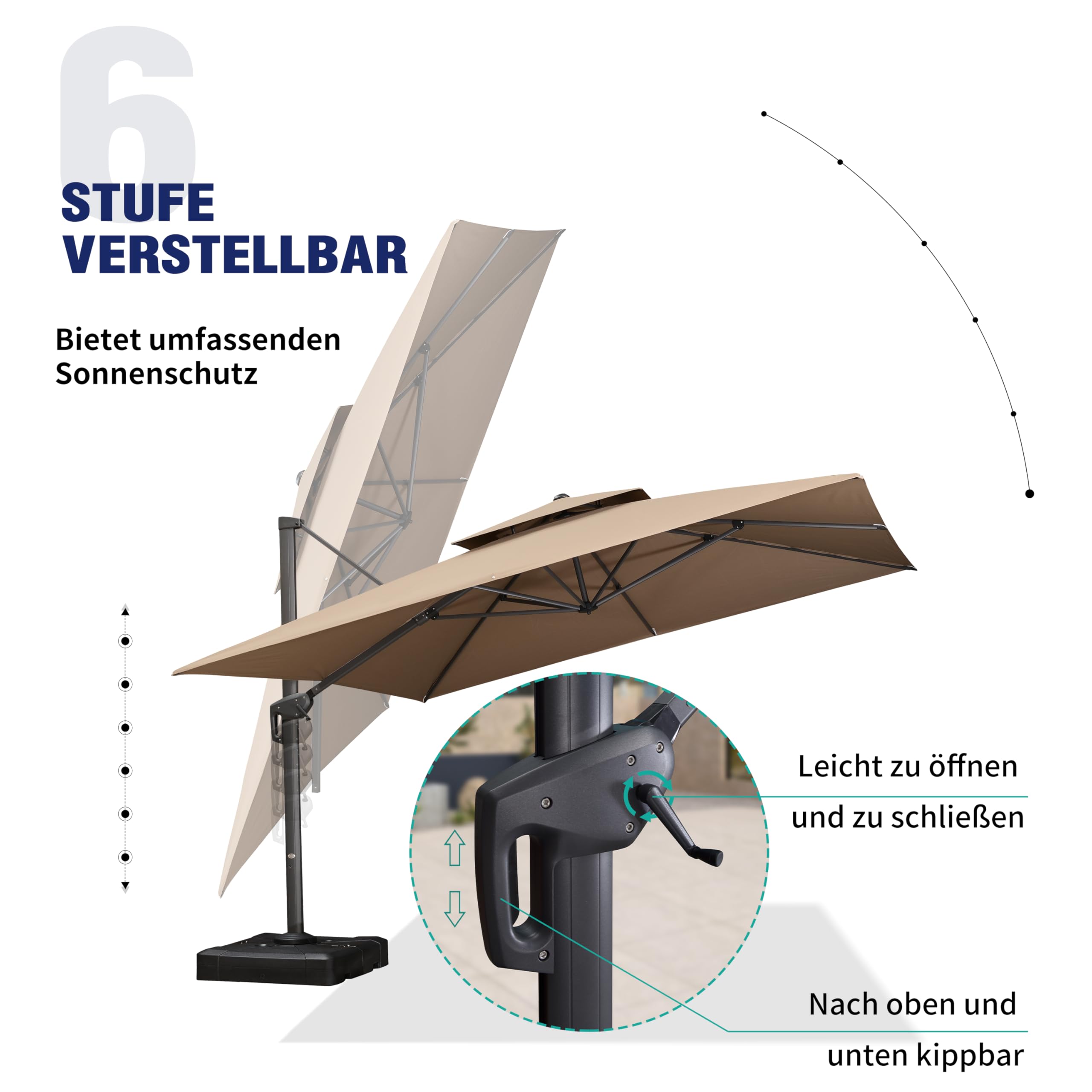 PURPLE LEAF Sonnenschirm 365 × 365 cm 6 Neigungsstufen mit Kurbel, Taupe | Leichtgängiger Aluminiumgriff, Ampelschirm 98 % UV-Schutz, 360° Drehbar, Doppeldach-Belüftung, Polyester Wasserabweisend