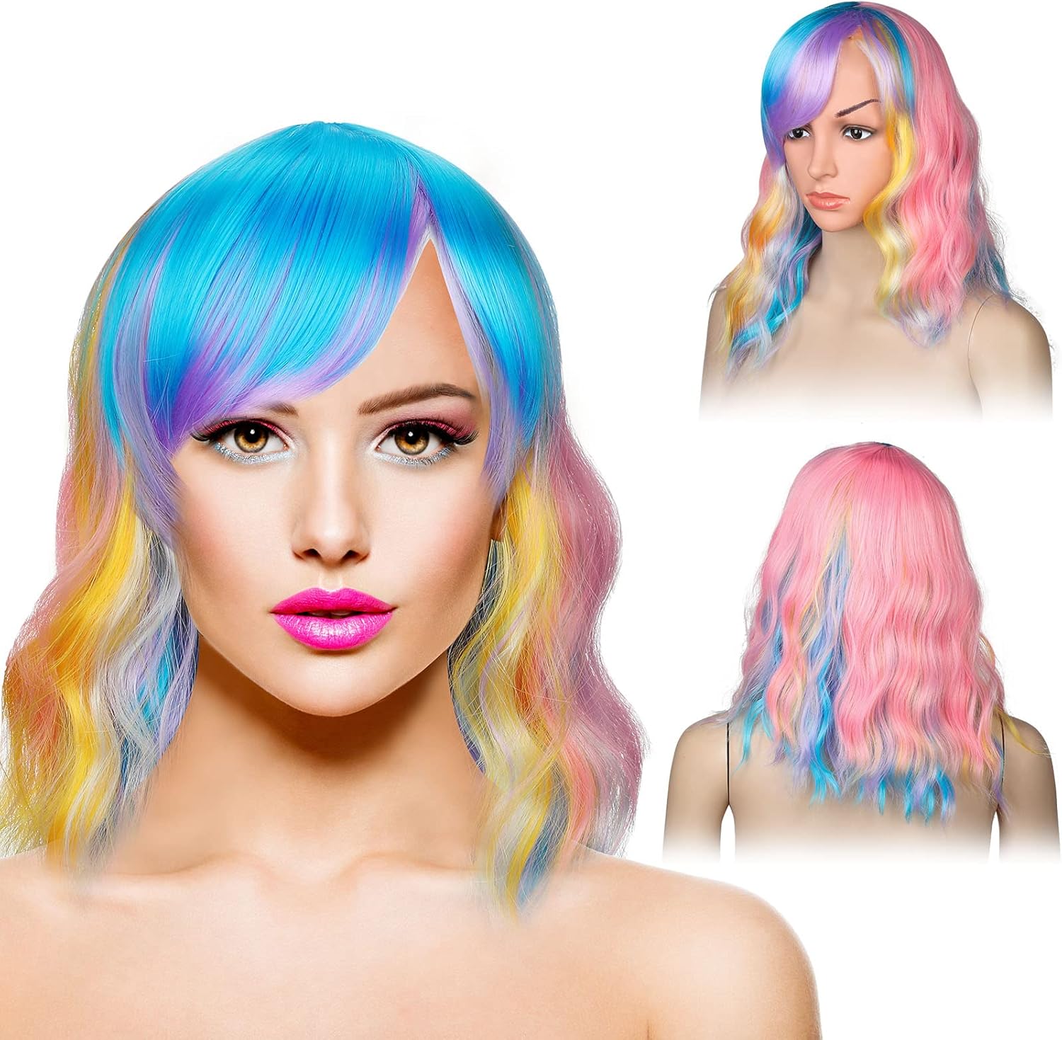 Short Wigs for Women Curly Wavy Rainbow Wig Multicolor Cosplay Wig