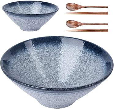 Lareina Ceramic Japanese Ramen Bowls, 2 Sets 6 Piece 60 Ounce, Large Noodle Soup Bowl with Matching Chopsticks and Spoons for Asian Pho Udon Soba, Blue