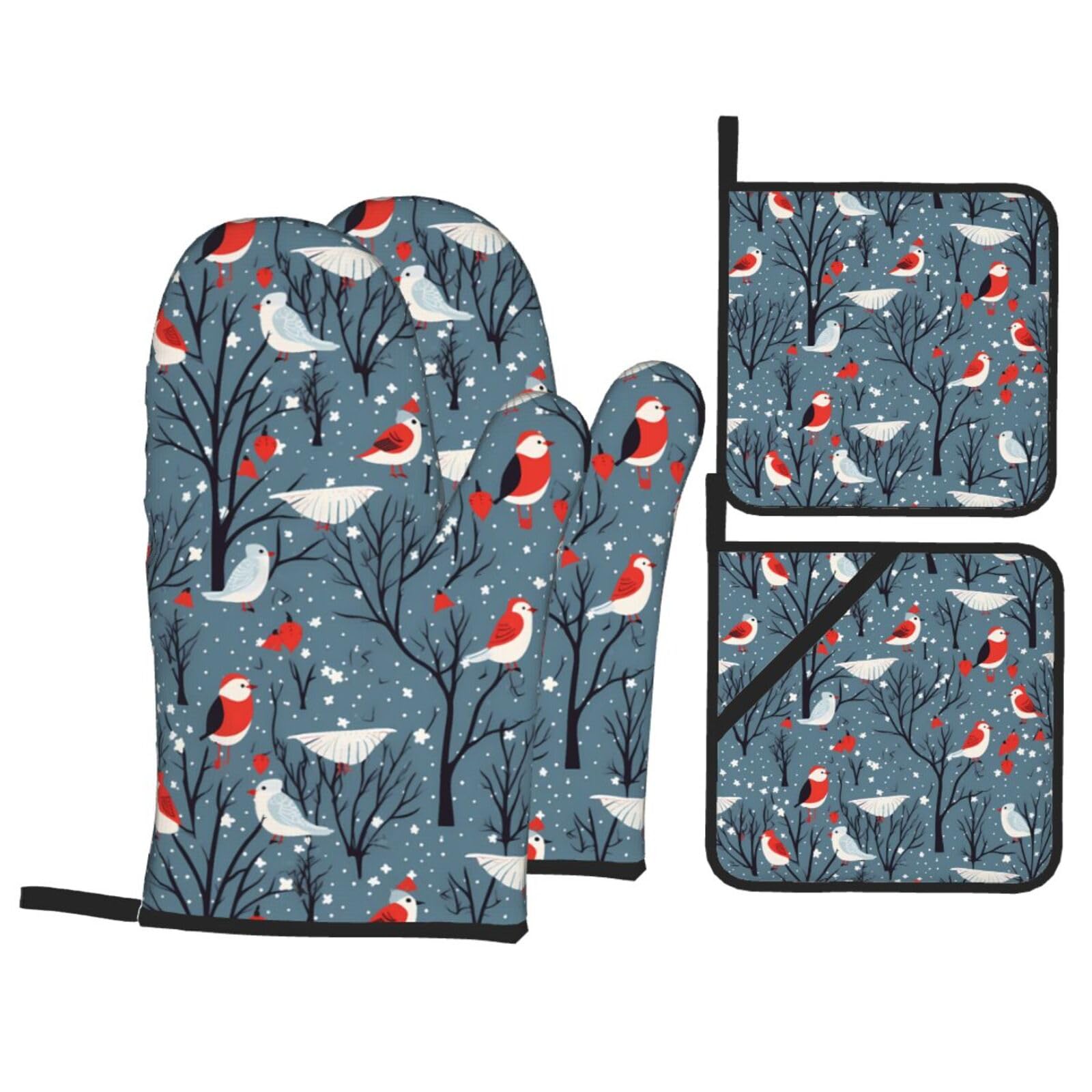 HJFCZH Birds in The Snow Picture Kitchen Baking Set of 4 Thick Insulated Oven Mitt & Pot Holders, Anti-Scalding for Microwave, Oven, Outdoor BBQ