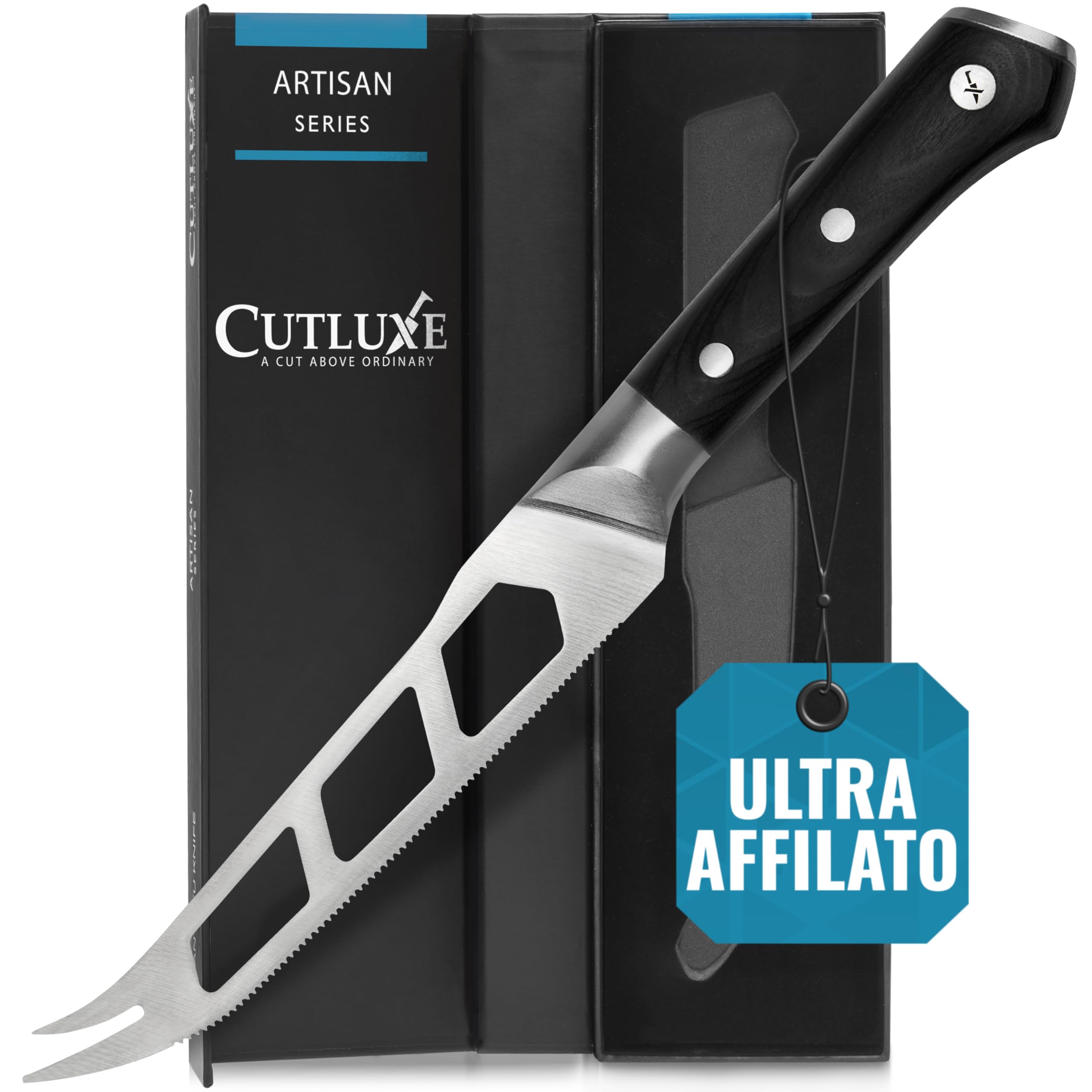 Cutluxe Coltello Formaggio 13 cm – Lama Forcata, Seghettata e Antiaderente – Acciaio Tedesco ad Alto Tenore di Carbonio – Maniglia Ergonomica – Serie Artigianale