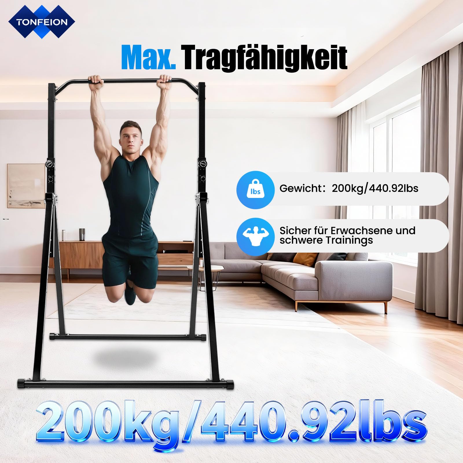 Drążek gimnastyczny 200 kg, drążek do gimnastyki, poziomy przyrząd treningowy do drążka, wolnostojący, domowa siłownia, regulacja wysokości 1,75-2,3 m (1,33 x 1,16 m)