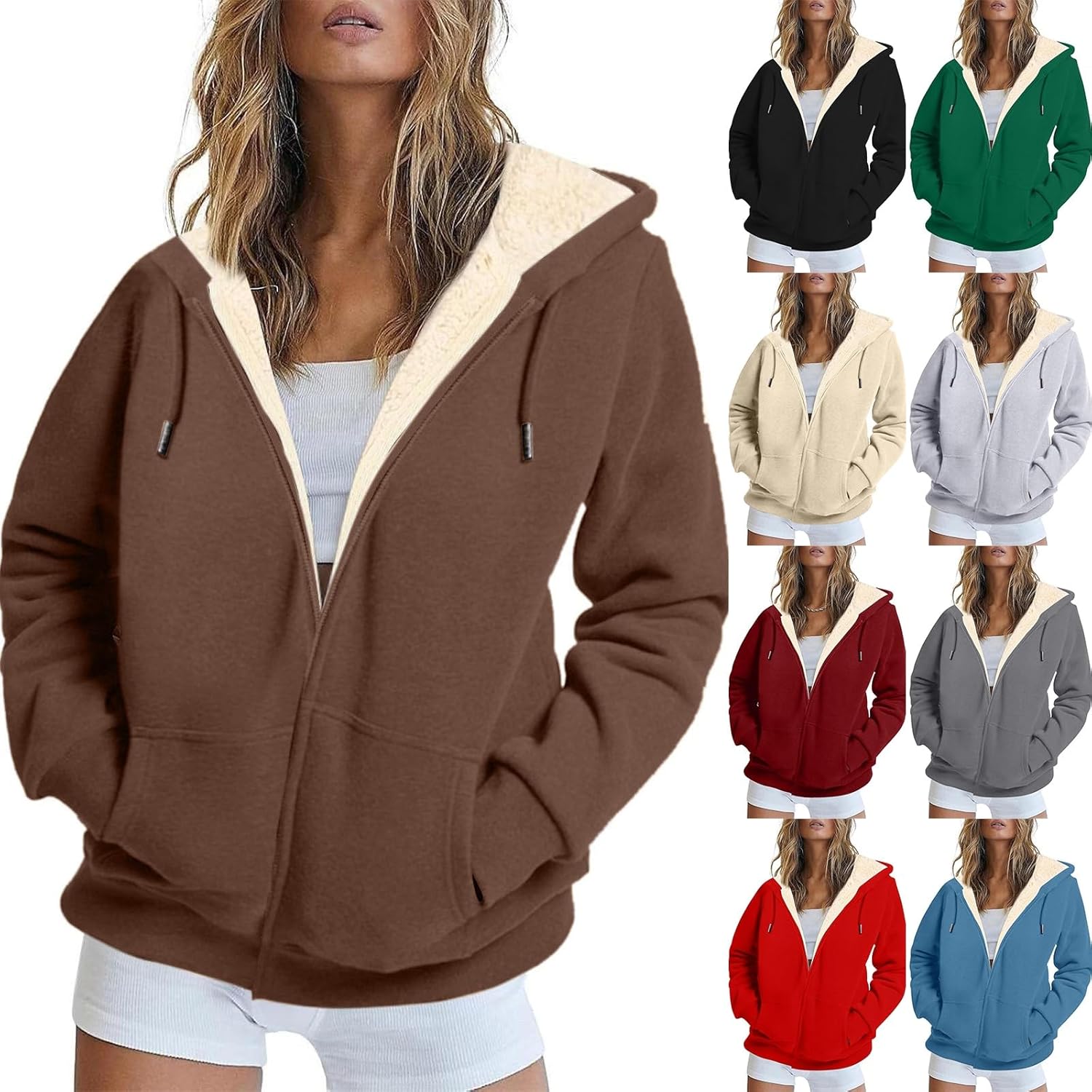 Women ' s Zip Up Fleece Sweatshirts Drawstring Hoodie Casual Long Sleeve Jackets Tops with Pockets Fashion Fall Outwear Women Beige