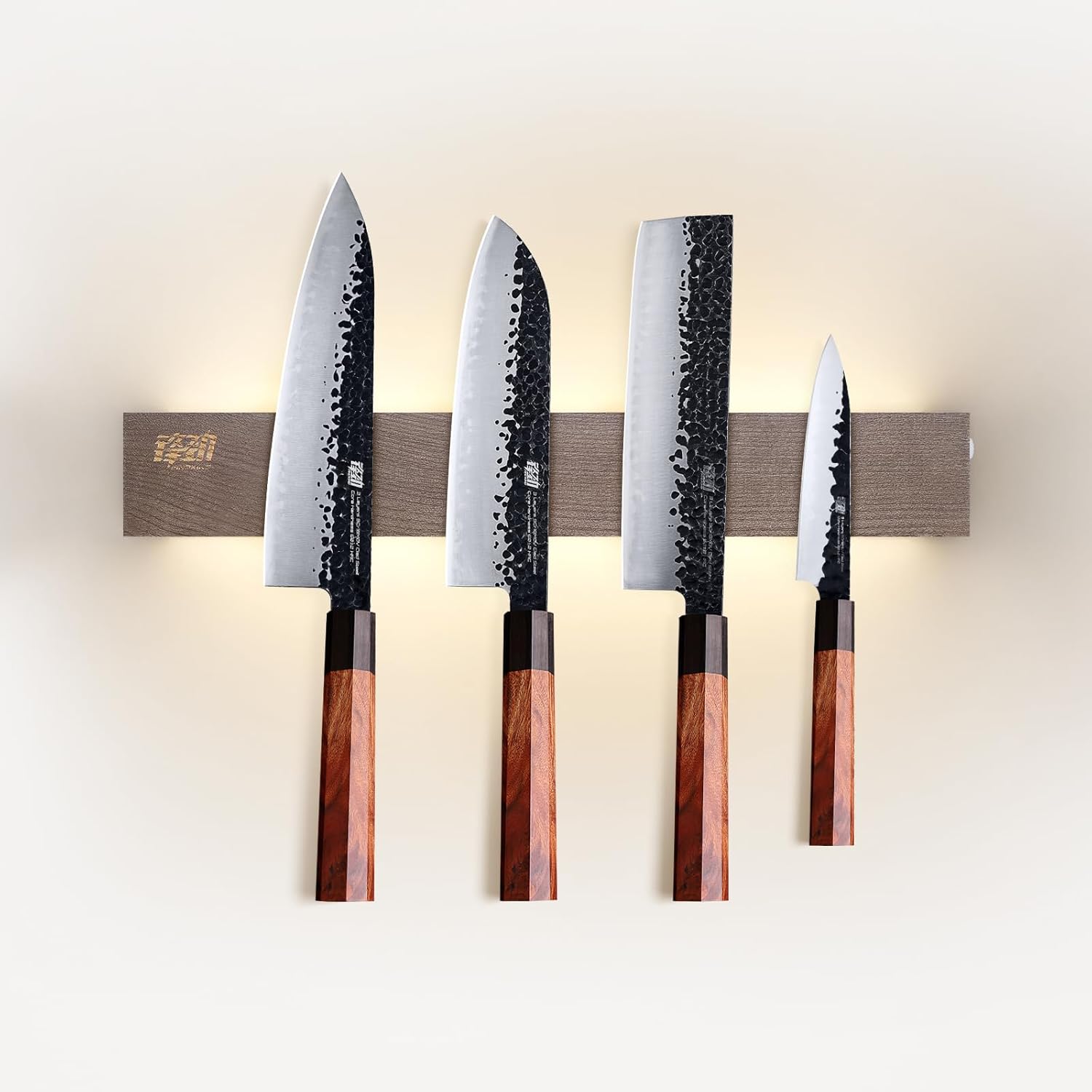 FINDKING Dynasty High Carbon Steel Kitchen Knives Set and Double LED Light Wood Magnetic Knife Strip