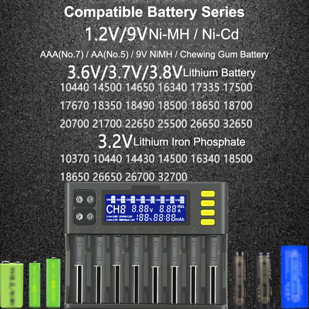 Chargeur de batterie 8 emplacements 9V LCD affichage numérique piles rechargeables adaptateur de charge plastique Lithium Charge bureau