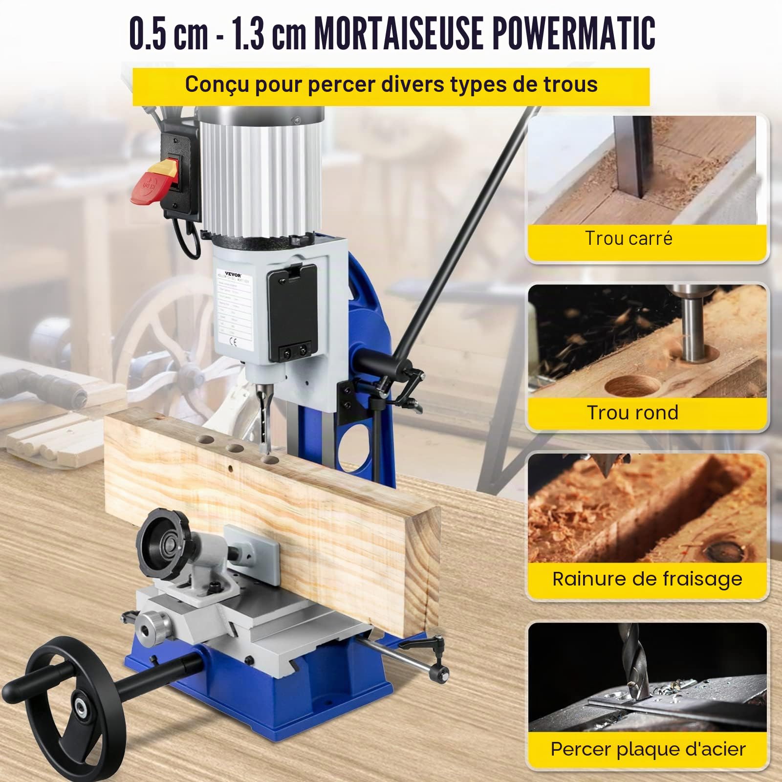 VEVOR Mortaiseuse à Bédane Carré, 1/2 CV, Machine à Percer Bois avec Établi Mobile, Capacité du Burin 6-12 mm, Capacité du Mandrin 13 mm, 1700 tr/min, Facile à Installer, pour Travail Perçage du Bois