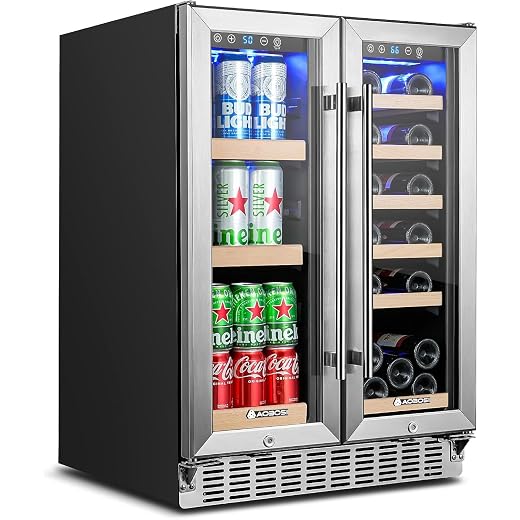 AAOBOSI 24 Inch Beverage and Wine Refrigerator Dual Zone Wine Cooler with Memory Temperature Control,LED Light,Energy Saving,2 Safety Locks,Hold 18 Bottles and 57 Cans, Built-In or Freestanding