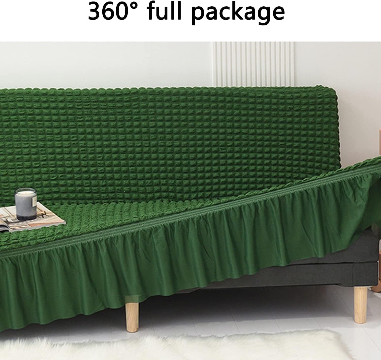 Solid Colour Armless Sofa Bed Cover Polyester Spandex Futon Slipcover with Elastic Bottom and Skirt Anti-Slip Protector for Couch Without Armrest -Light Green-