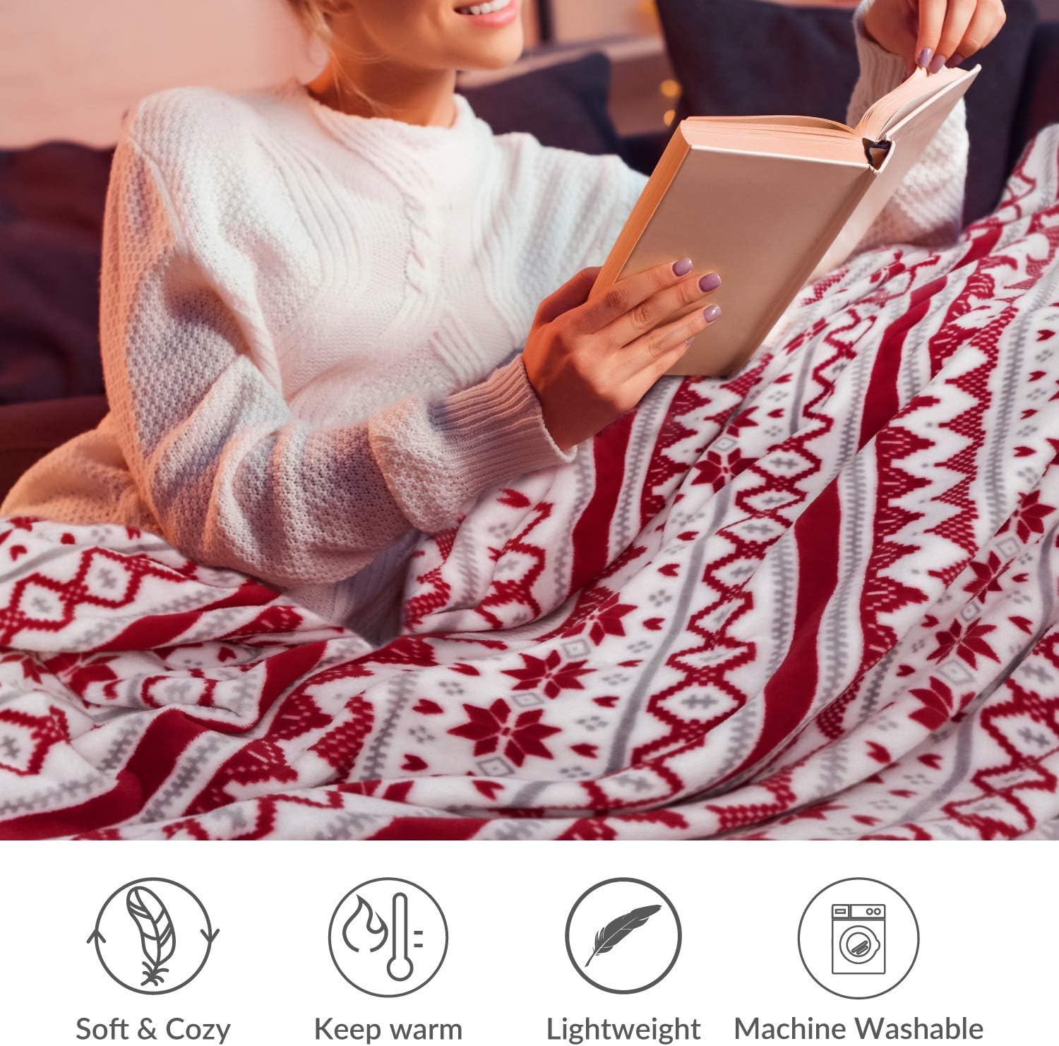 Bedsure Fleece Throw Blanket Red and White Super Soft Plush Warm Winter Blanket for Bed,Couch and Gifts, 50 x 60 inches