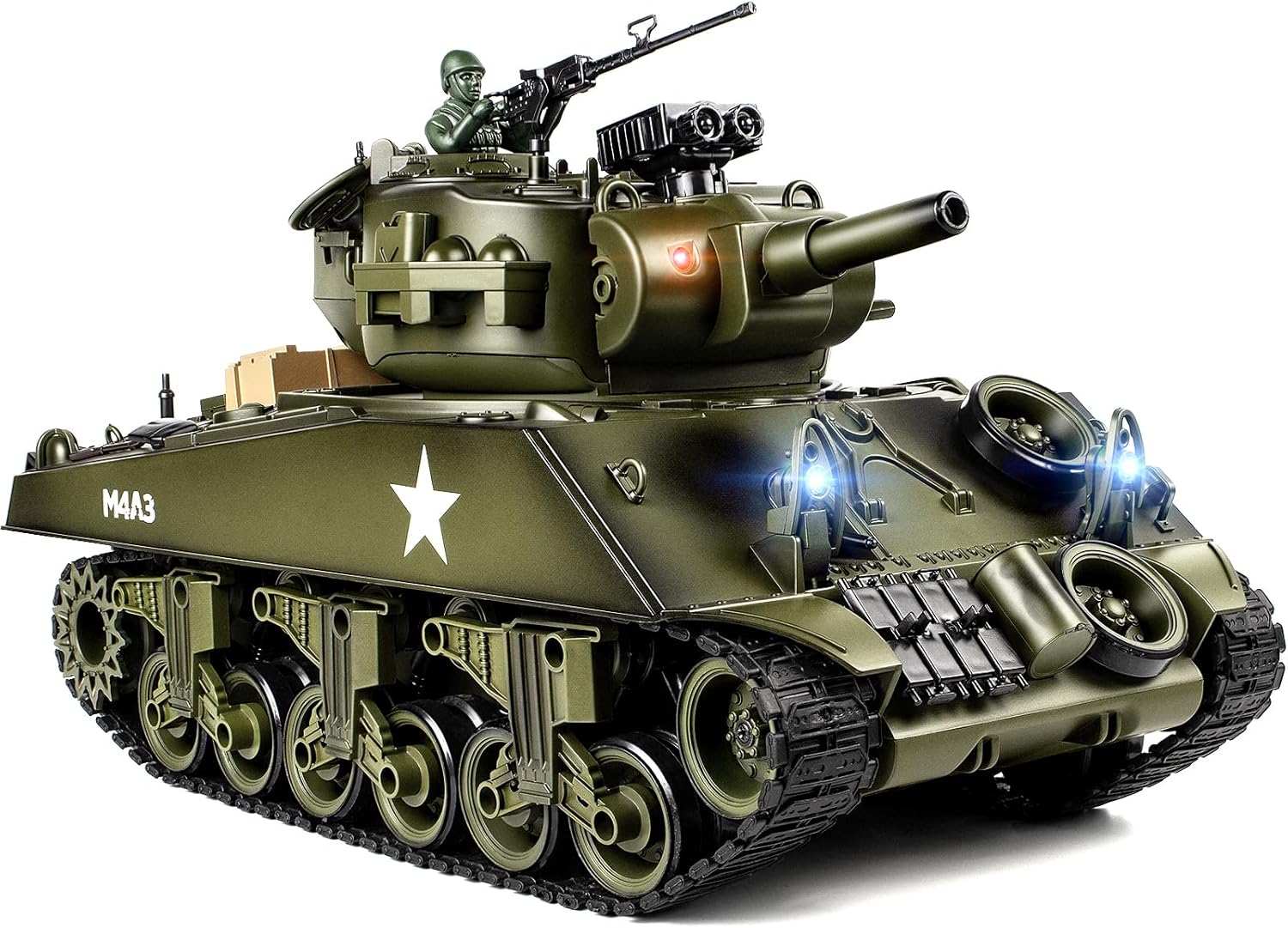 Supdex 1/18 RC Tank, 2.4G US M4A3 Sherman Remote Control Tank That Shoot BBS with Smoke, Sound and Lights, 165ft Remote Control Army Model Toy, Military All-Terrain Vehicle for Kids & Adults